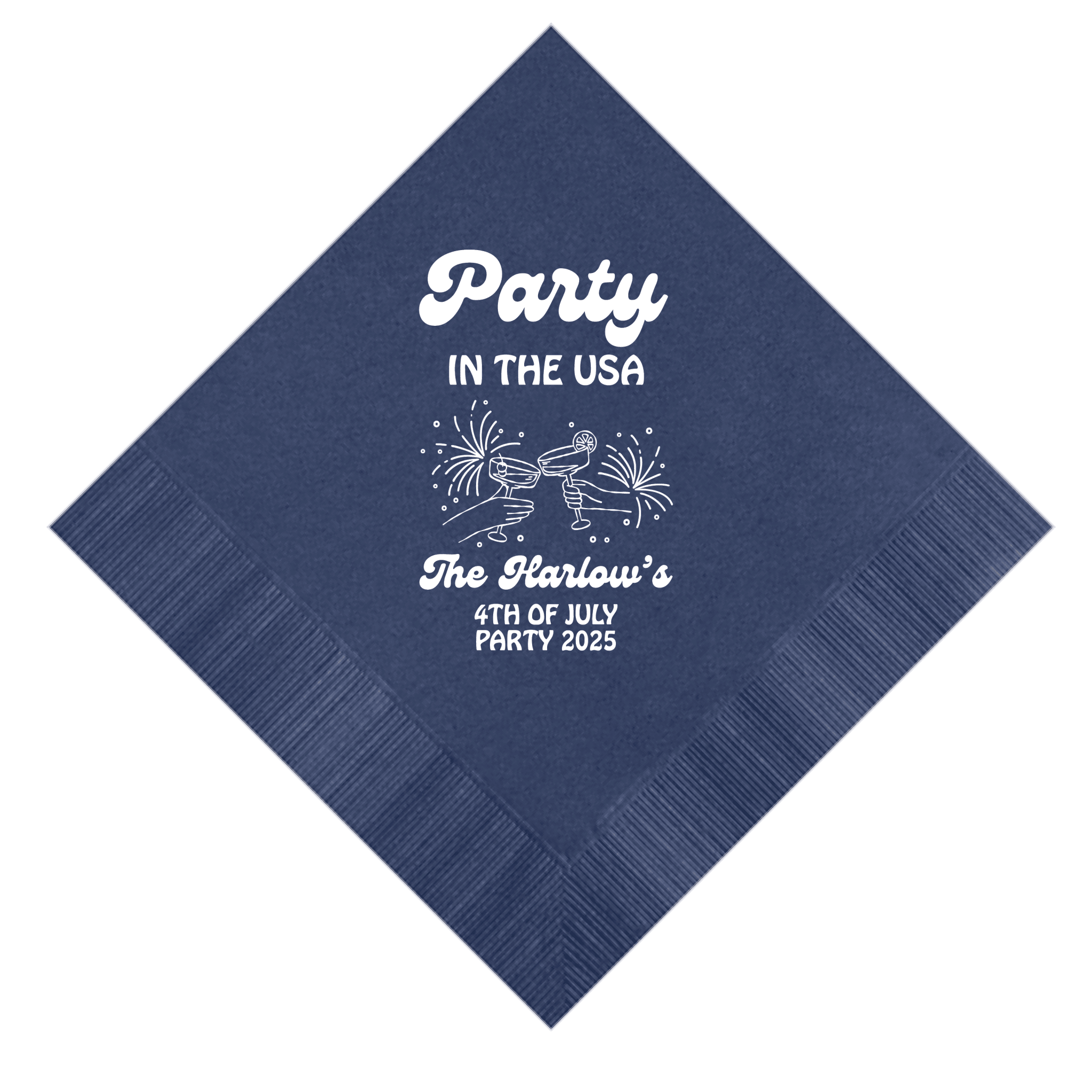 Navy blue napkin with white foil-stamped text reading "Party in the USA," fireworks design, and "The Harlow's 4th of July Party 2025"