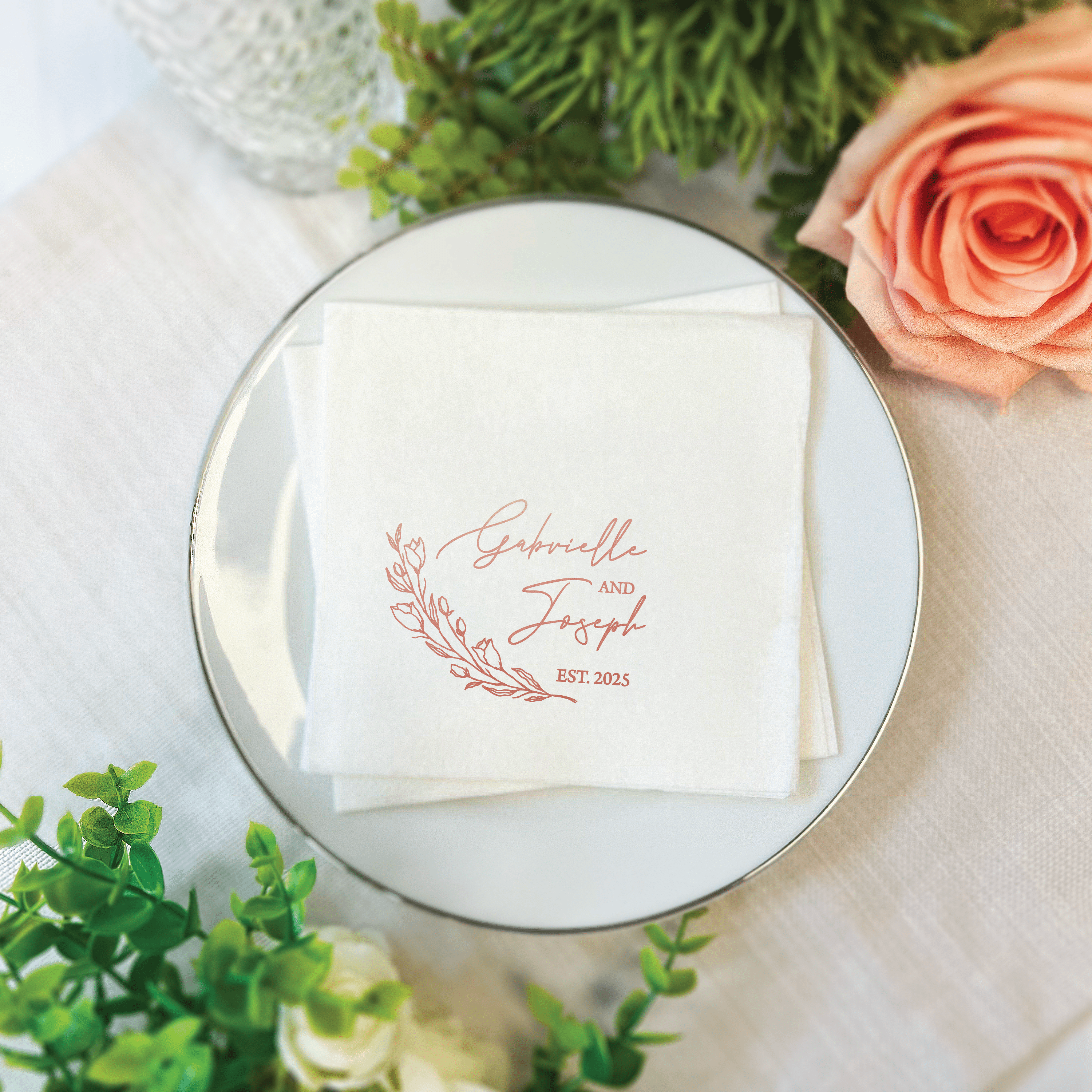 First Name Floral Wedding Premium Linun Uncoined Napkins - Napkins - Linun Foil Stamped