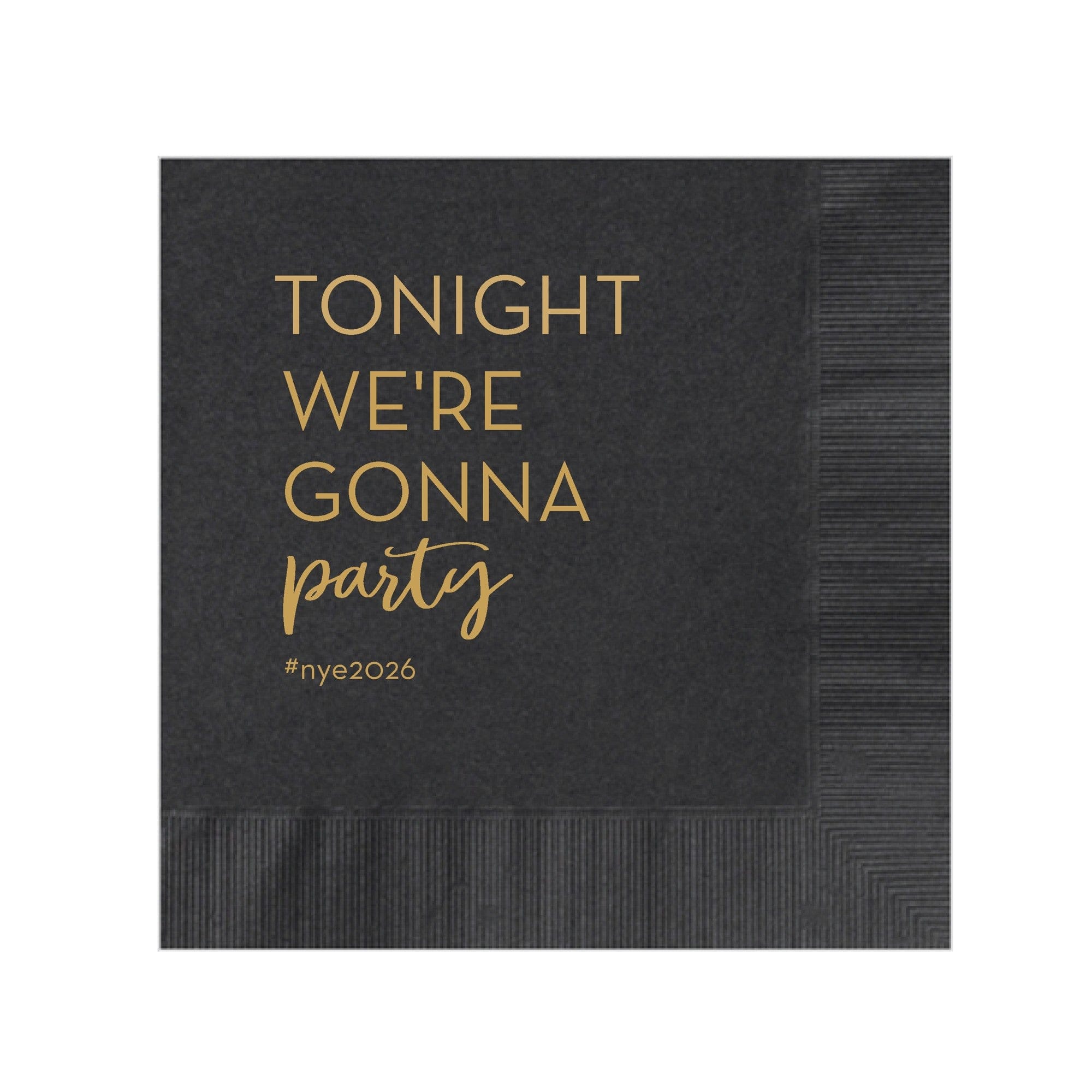 A square dark gray paper napkin featuring gold foil printing, ideal for a party or celebration.