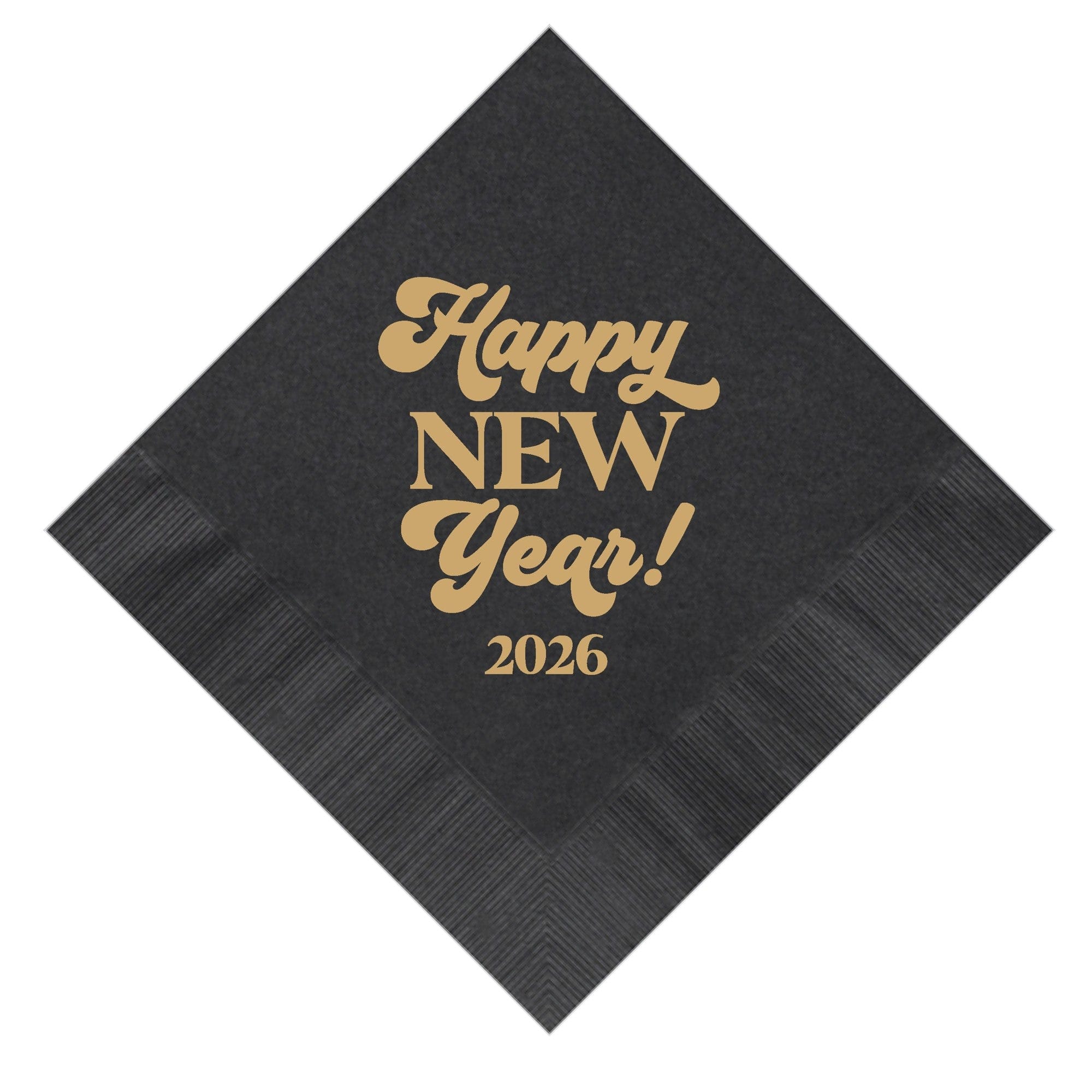 A dark grey paper napkin featuring metallic gold lettering, designed for a festive New Year's celebration.