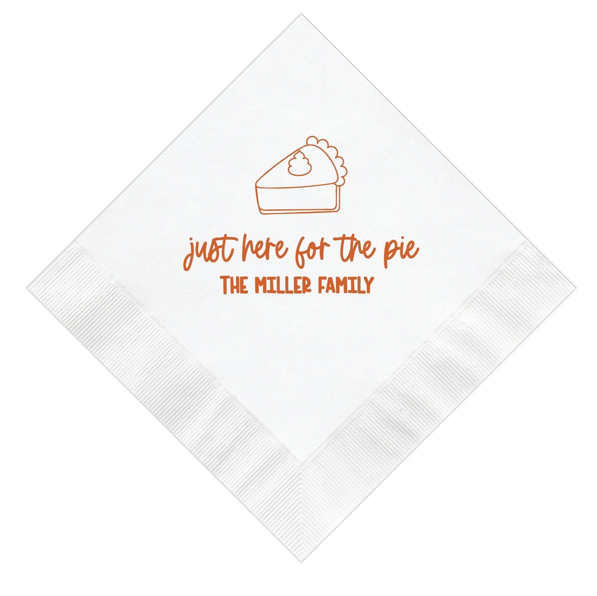 A white paper event napkin featuring an orange outline illustration of a slice of pie with whipped cream, suitable for a fall dessert or Thanksgiving celebration.