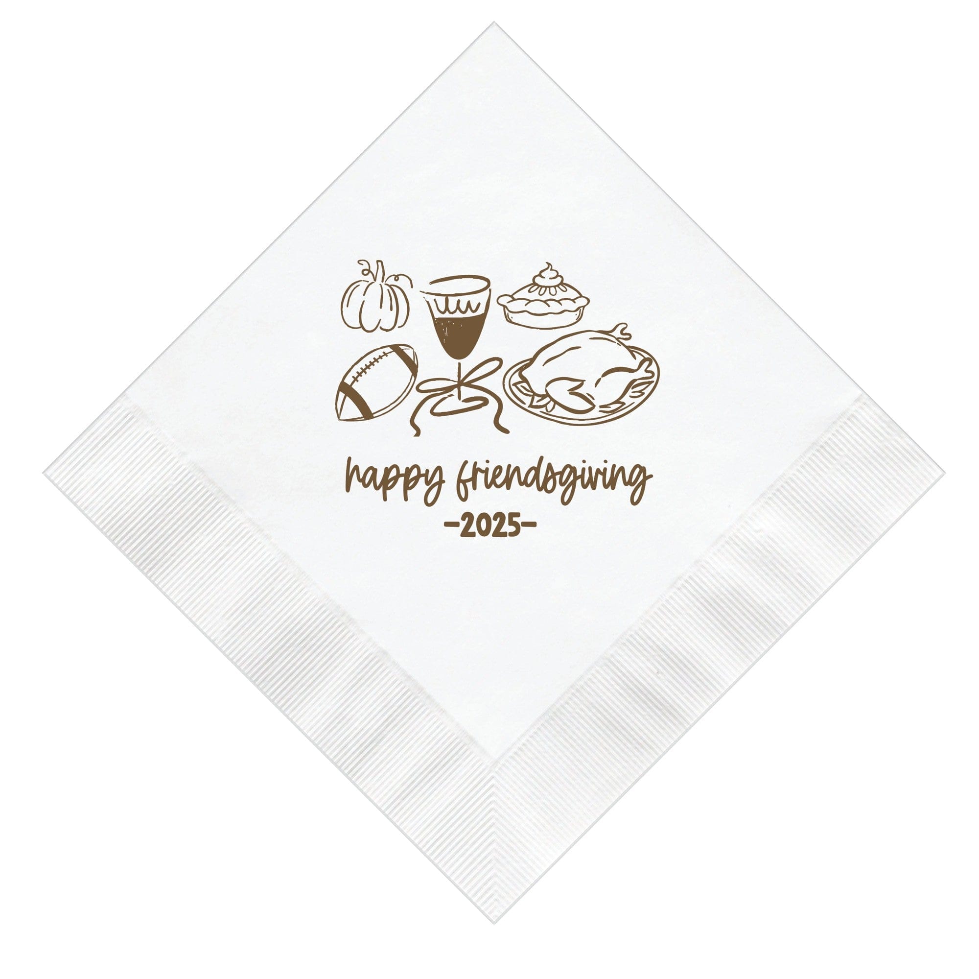 A white paper napkin, folded diagonally, featuring a brown line art illustration of assorted fall and holiday dinner items including a pumpkin, wine glass, pie, football, and a roasted turkey.