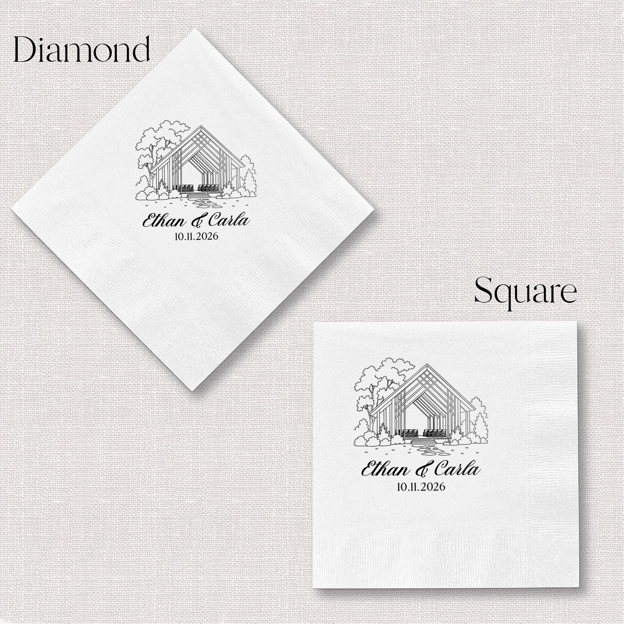 Personalized Illustrated Venue Wedding Napkins Line Art Diamond and Square Orientations Black – Rubi and Lib
