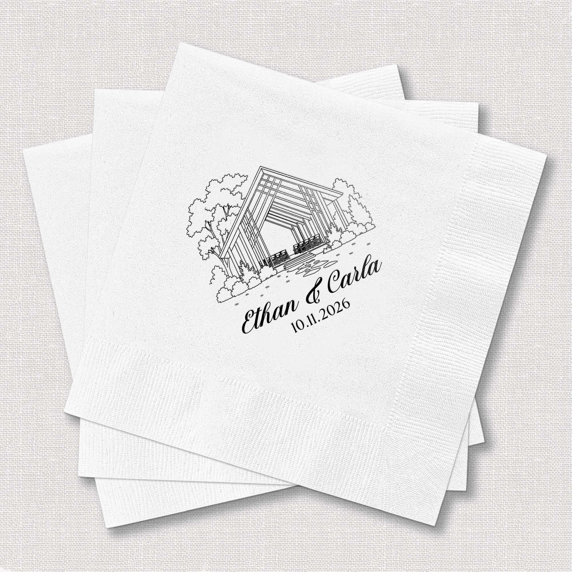 Personalized Illustrated Venue Wedding Napkins Line Art Stack Black Ink Close Up – Rubi and Lib