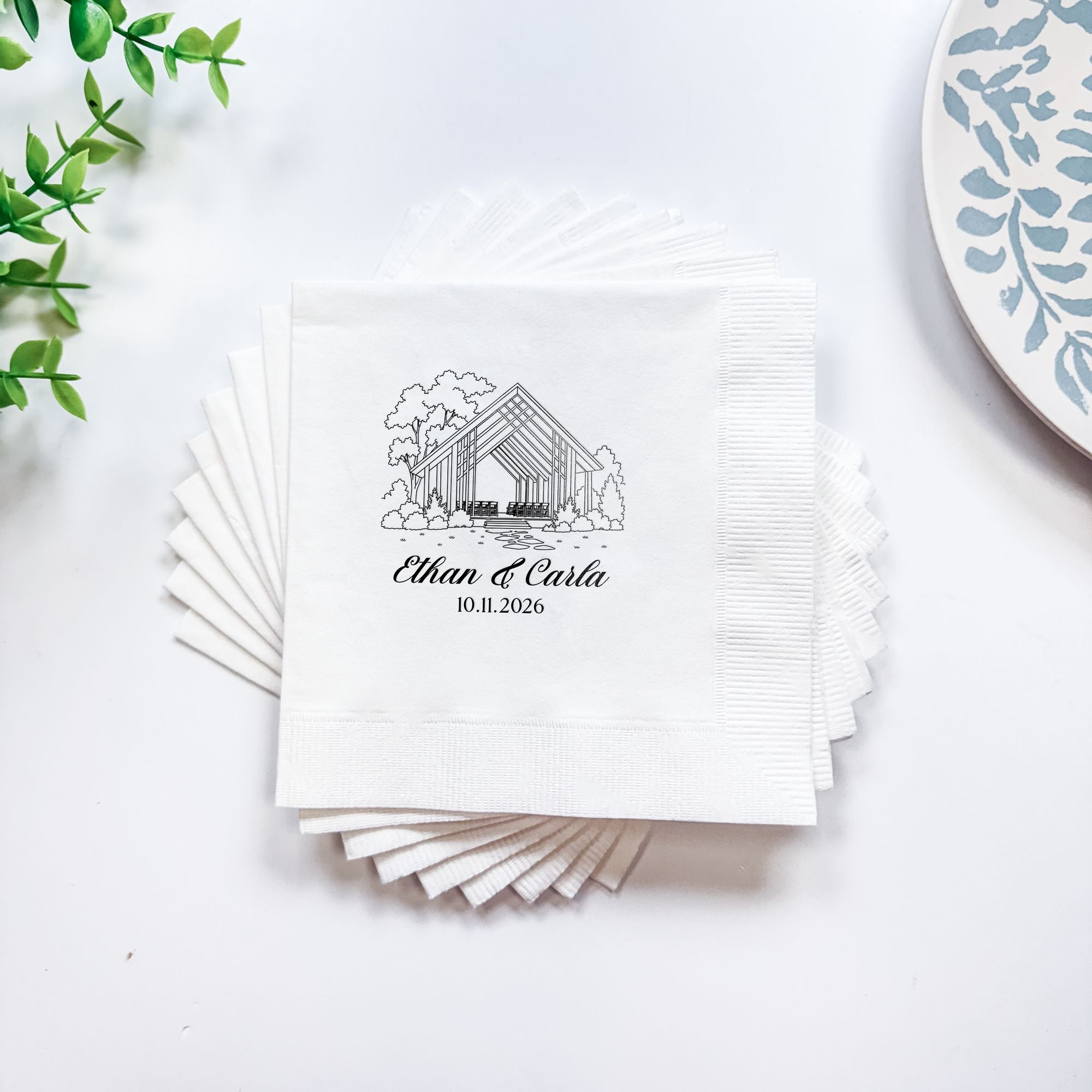 Personalized Illustrated Venue Wedding Napkins Line Art Flat Lay Stack Black Ink White Background – Rubi and Lib