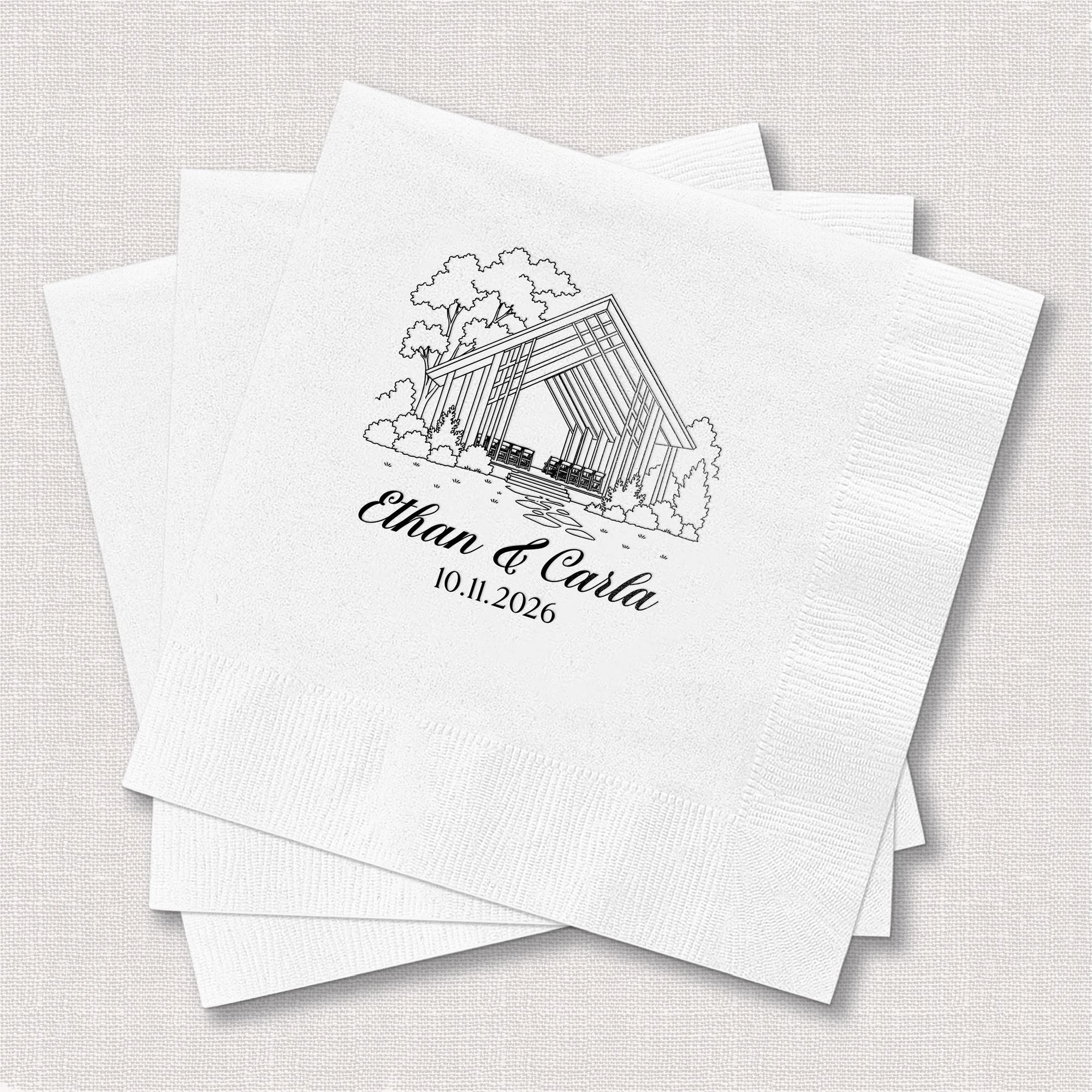 Personalized Illustrated Venue Wedding Napkins Line Art Fanned Stack Black Ink Linen Background – Rubi and Lib