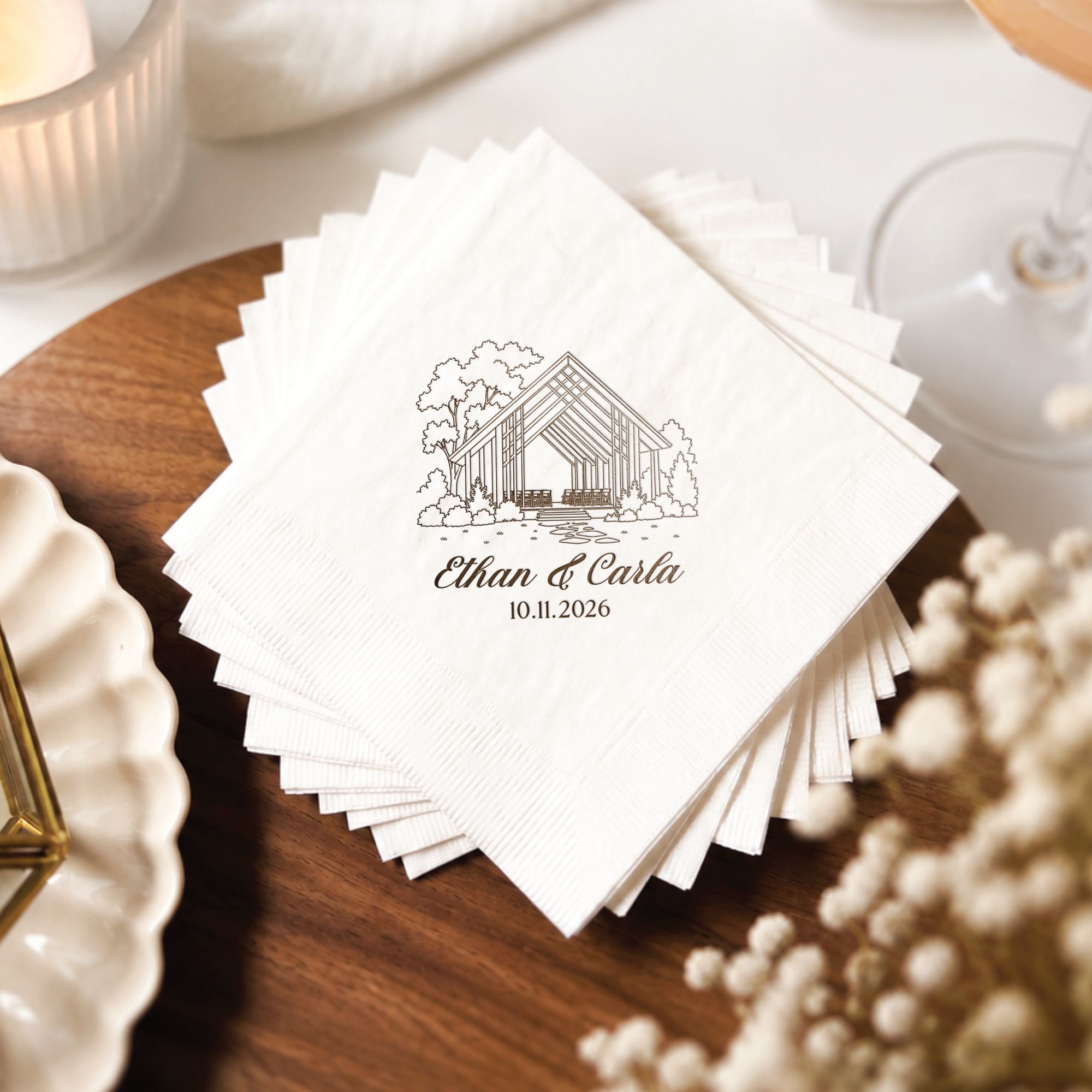 Personalized Illustrated Venue Wedding Napkins Line Art Stack Mocha Brown Ink Wooden Surface – Rubi and Lib