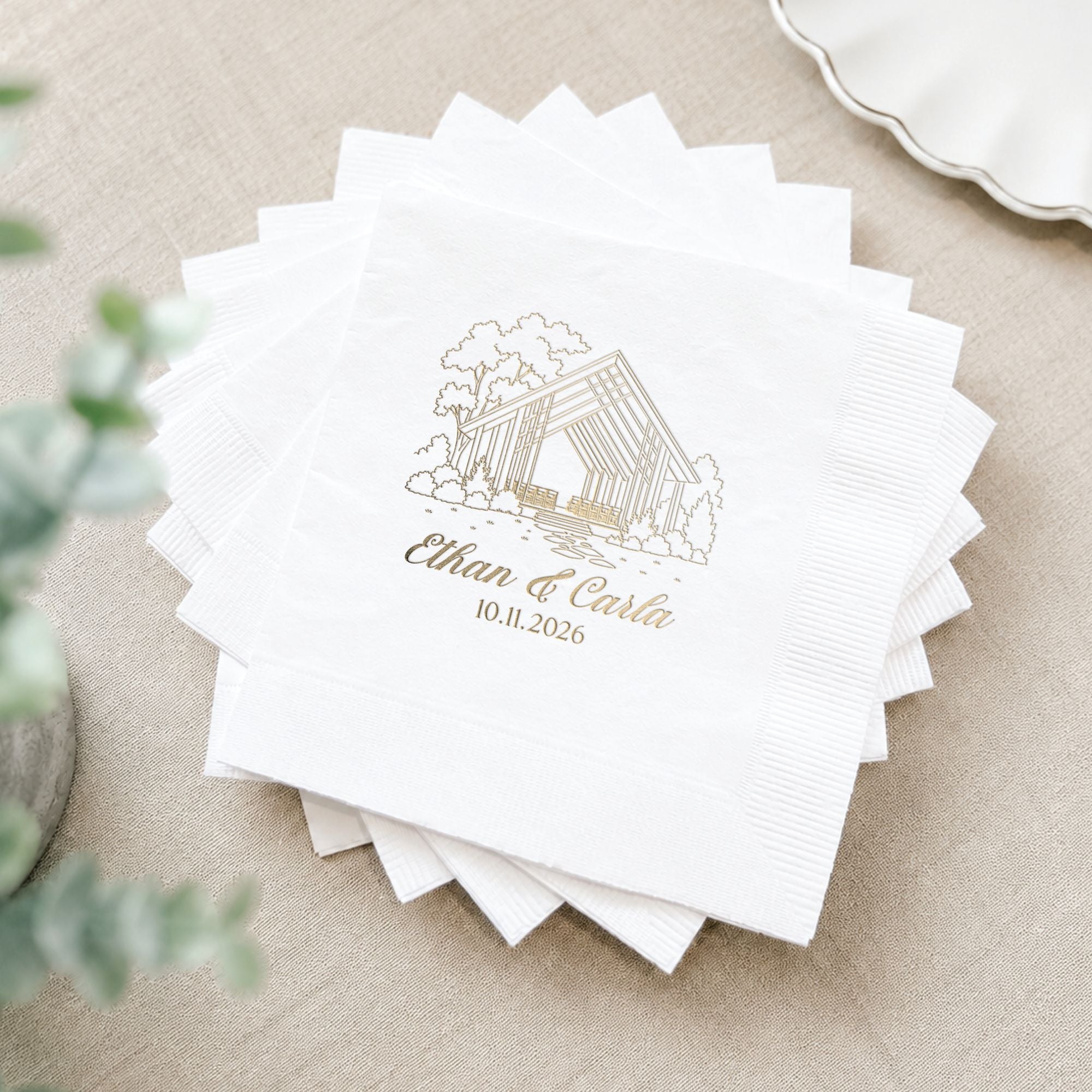 Personalized Illustrated Venue Wedding Napkins Line Art Stack Gold Ink Styled Table Setting – Rubi and Lib