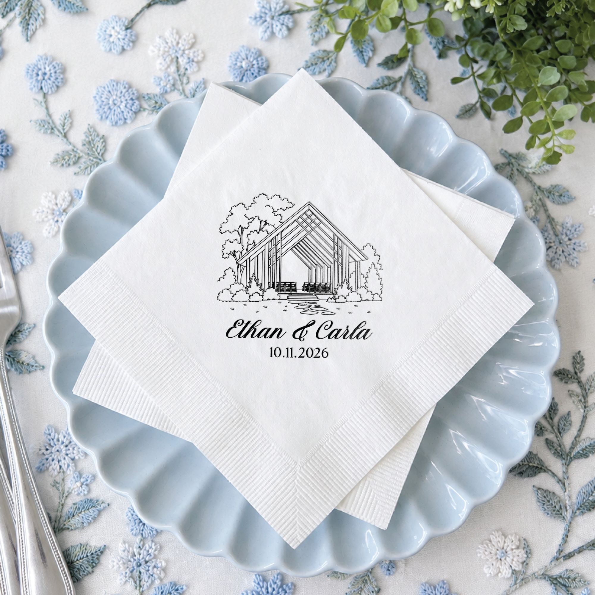 Personalized Illustrated Venue Wedding Napkins Line Art Two Napkins Black Ink Blue Plate Styled – Rubi and Lib