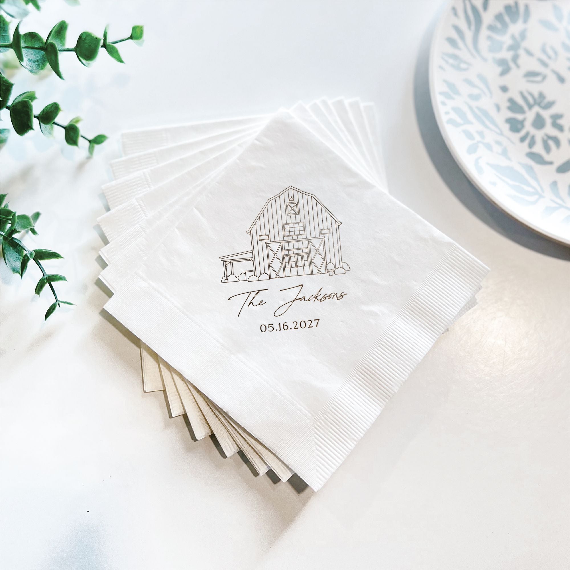 Personalized Illustrated Venue Wedding Napkins Barn Line Art White Stack – Rubi and Lib
