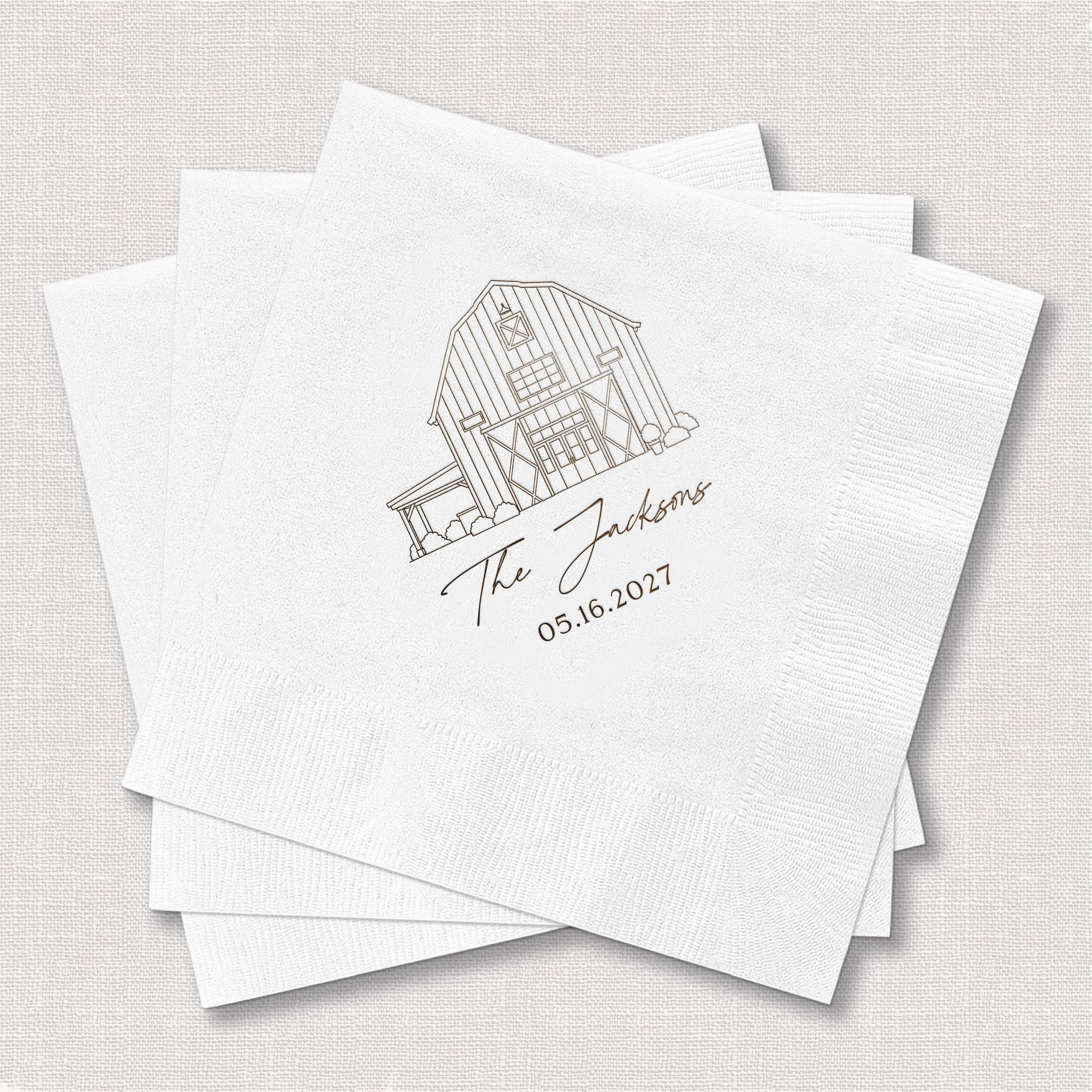 Personalized Illustrated Venue Wedding Napkins Barn Design White Square Stack Flat Lay – Rubi and Lib