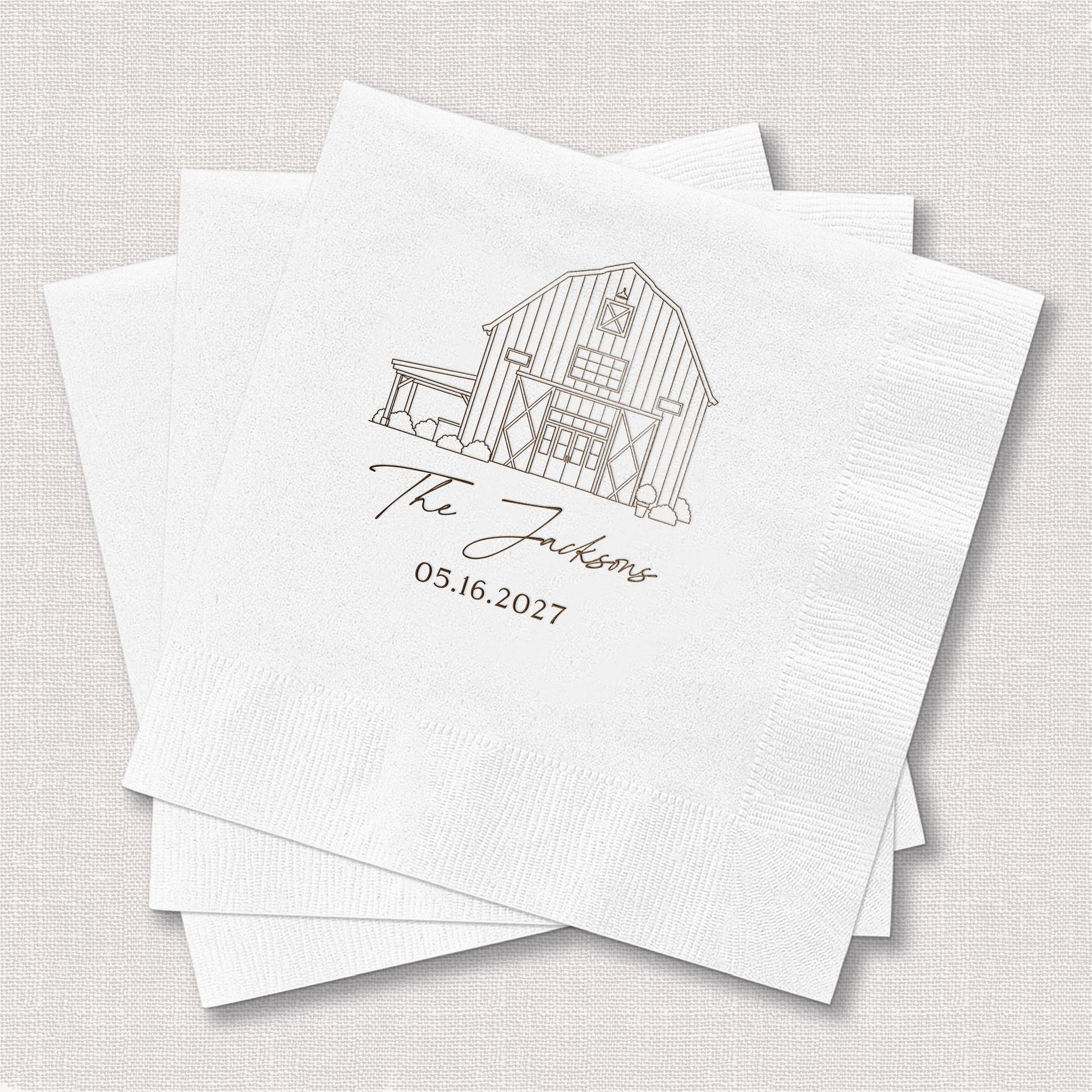 Personalized Illustrated Venue Wedding Napkins Barn Illustration White Linen Background Stack – Rubi and Lib