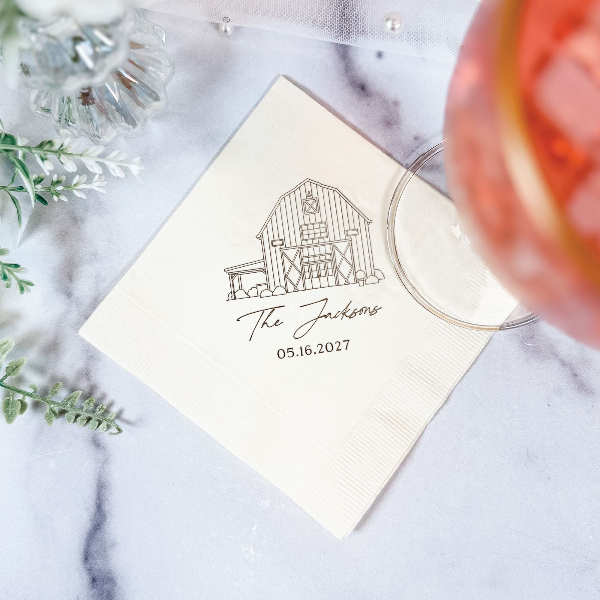 Personalized Illustrated Venue Wedding Napkins Barn Portrait Ivory Cocktail Napkin with Wine Glass – Rubi and Lib