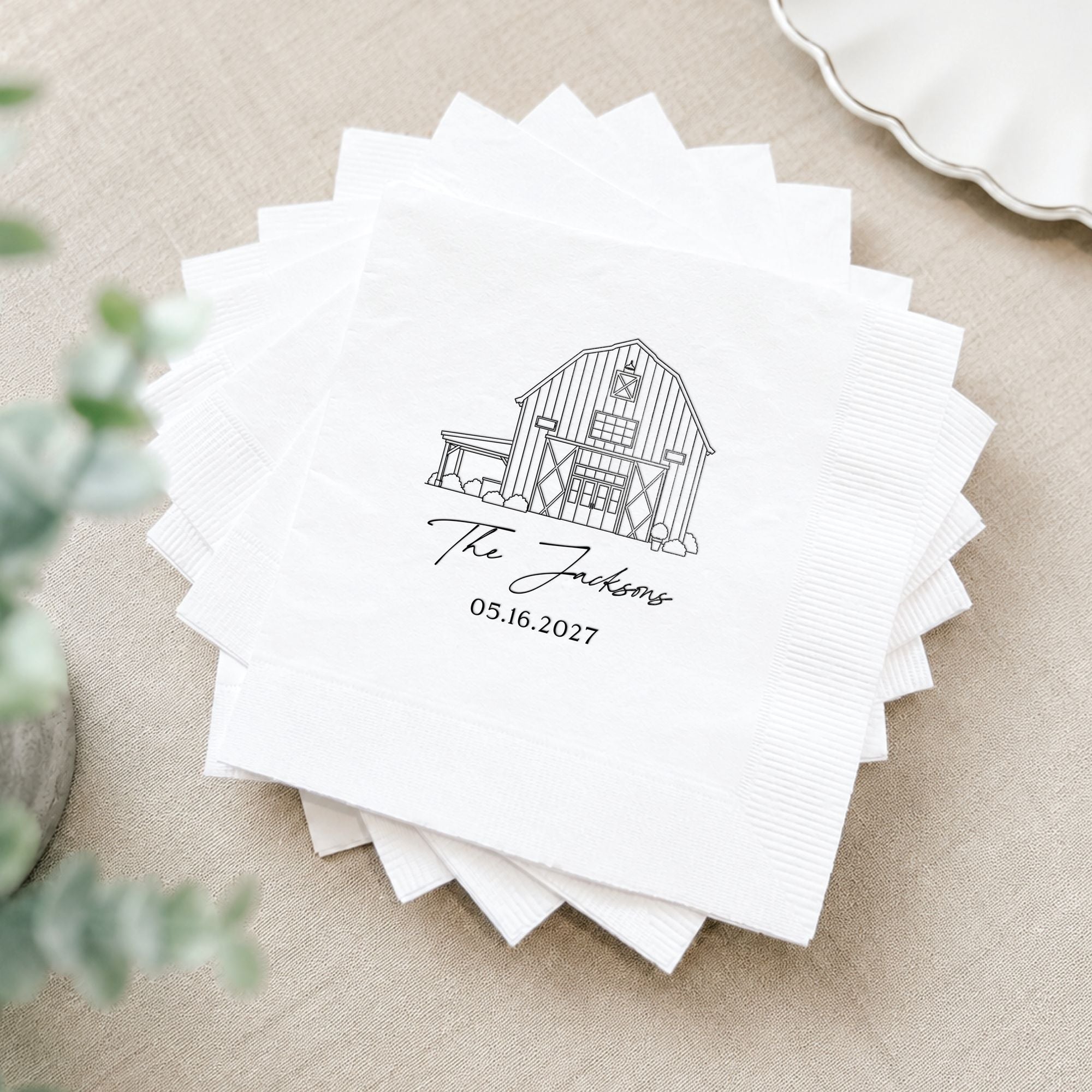 Personalized Illustrated Venue Wedding Napkins Barn Line Art White Stack with Eucalyptus Styling – Rubi and Lib