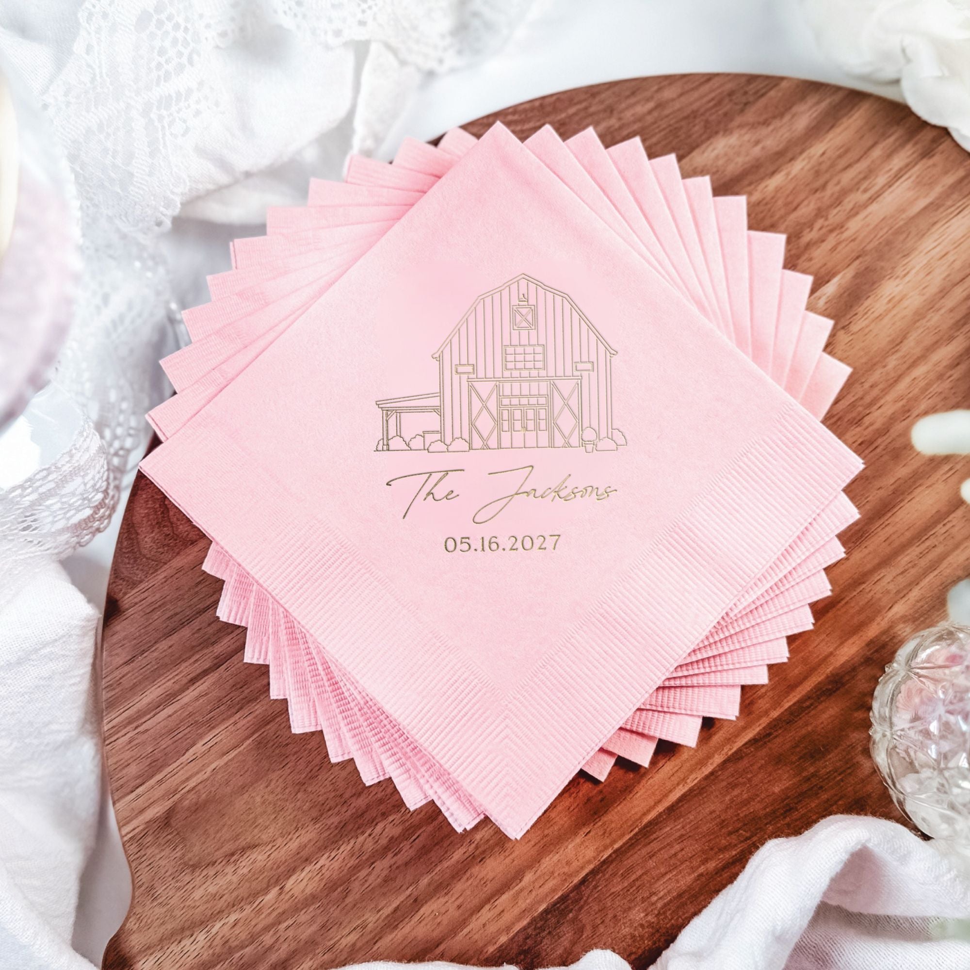 Personalized Illustrated Venue Wedding Napkins Barn Portrait Blush Pink Stack on Wooden Tray – Rubi and Lib