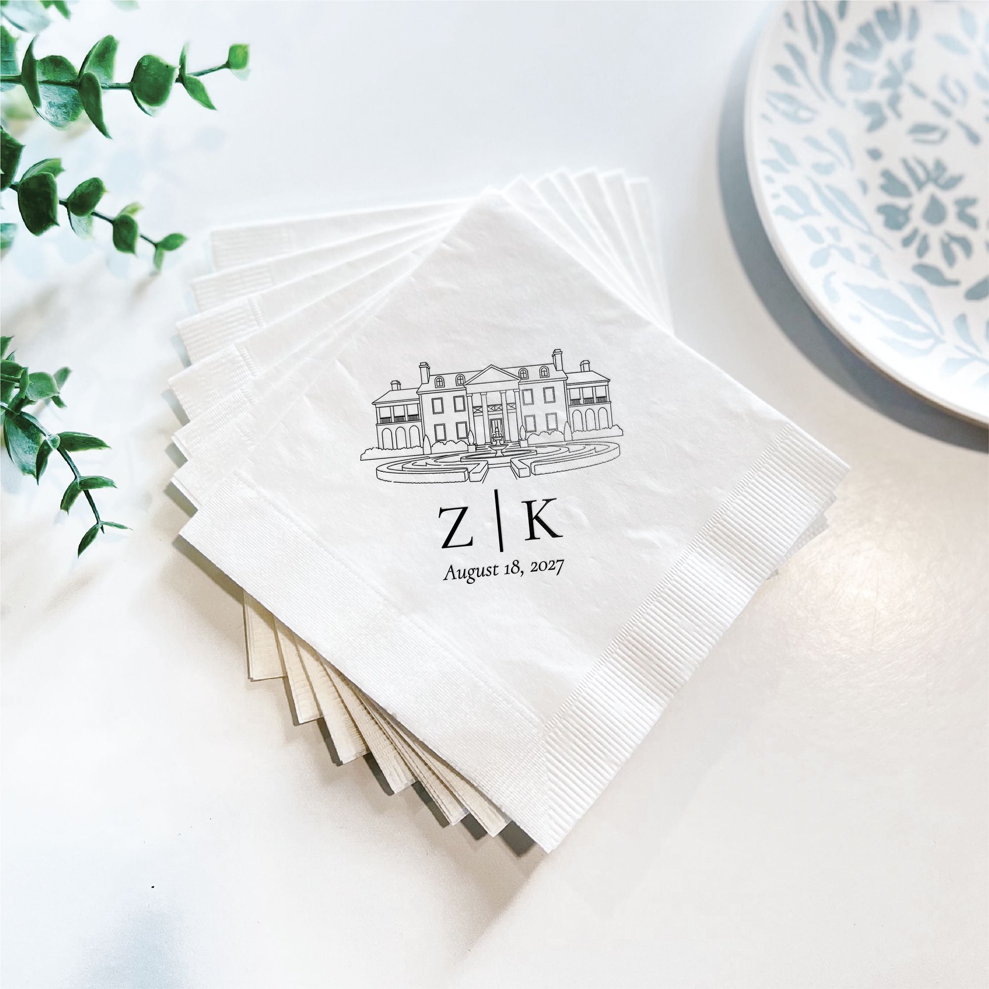 Personalized Illustrated Venue Wedding Napkins Venue Portrait Black Stacked Angled – Rubi and Lib