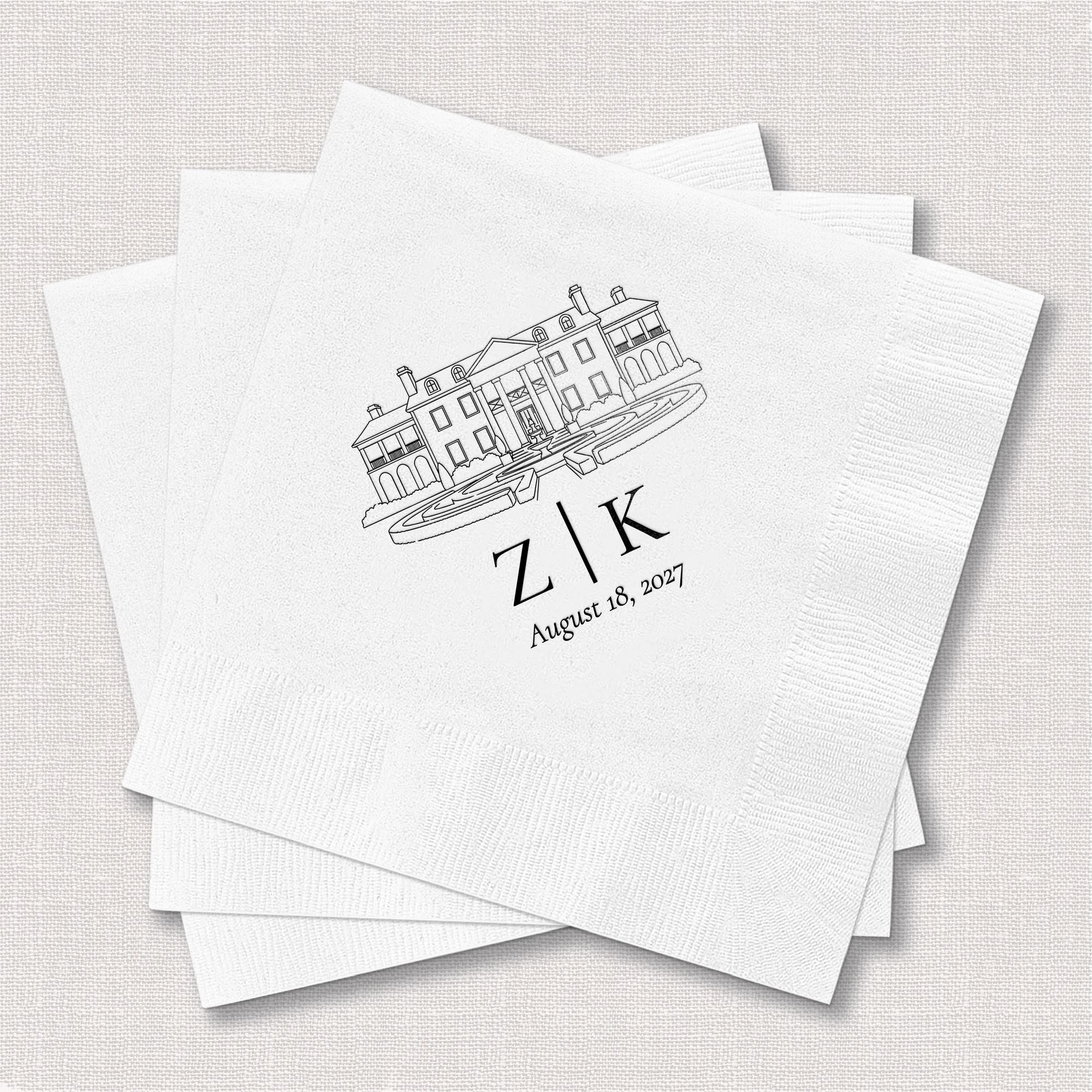 Personalized Illustrated Venue Wedding Napkins Venue Portrait Black Square Stack Close Up – Rubi and Lib