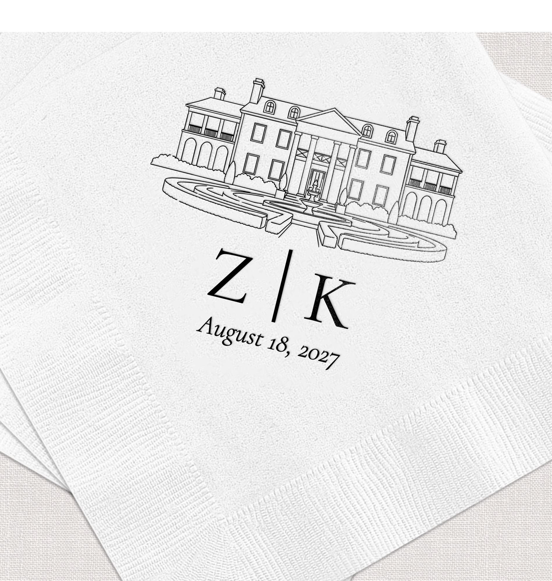 Personalized Illustrated Venue Wedding Napkins Venue Portrait Black Single Napkin Detail View – Rubi and Lib