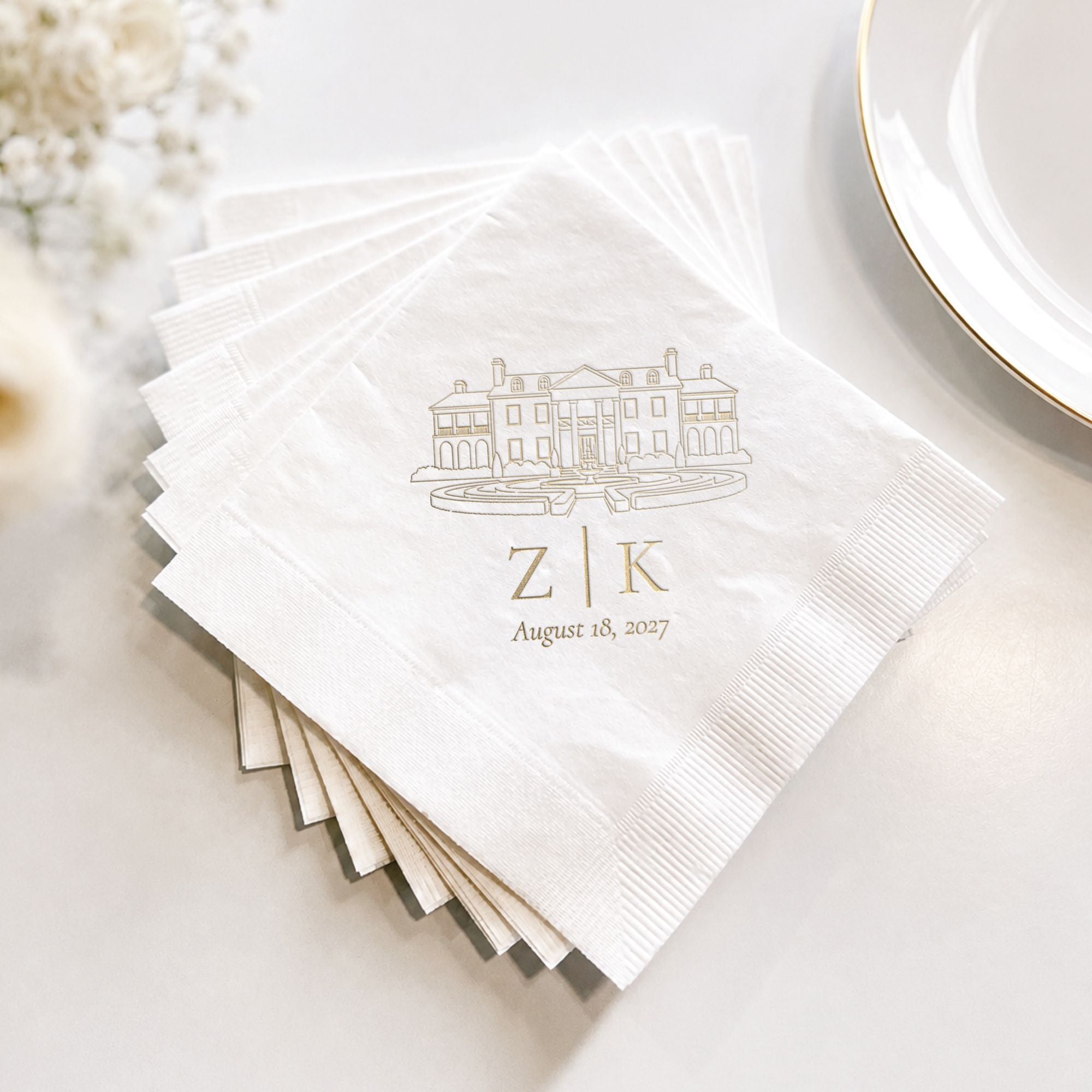 Personalized Illustrated Venue Wedding Napkins Venue Portrait Gold Ink Elegant Table Setting – Rubi and Lib