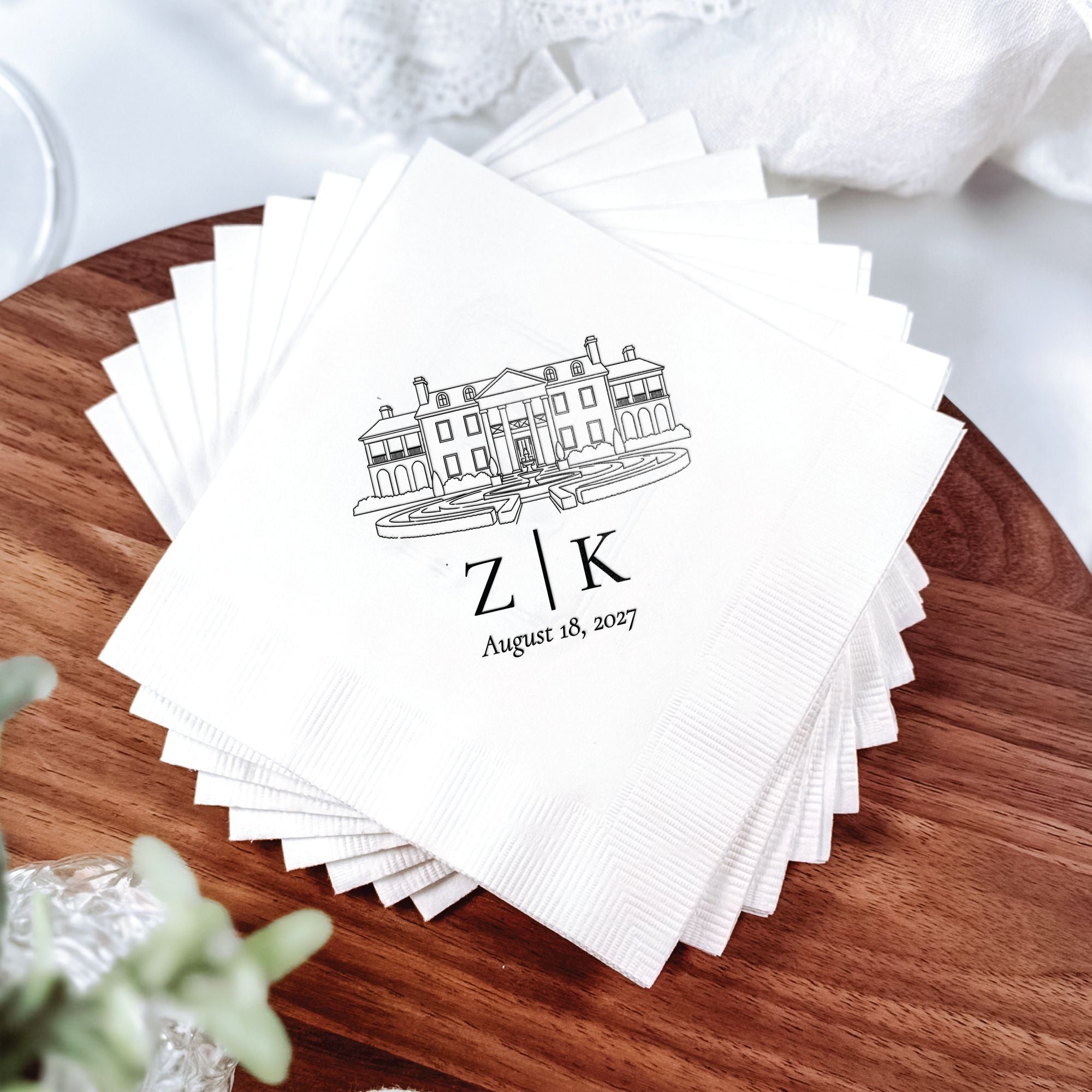 Personalized Illustrated Venue Wedding Napkins Venue Portrait Black Ink Large Stack Wooden Surface – Rubi and Lib