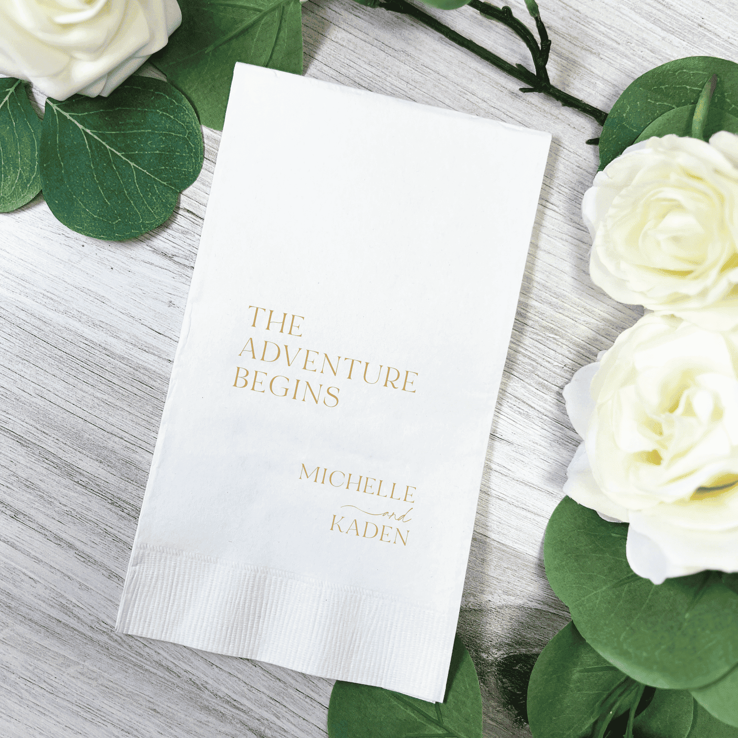 The Adventure Begins wedding guest napkins