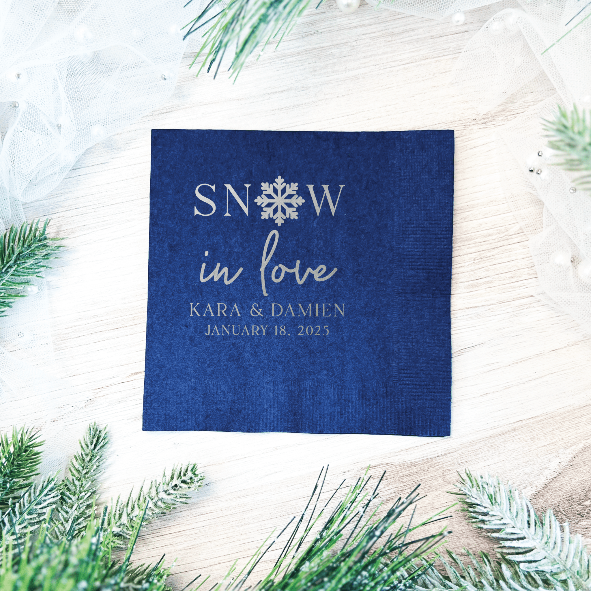 Snow In Love Personalized Wedding Napkins - Napkins - Foil Stamped