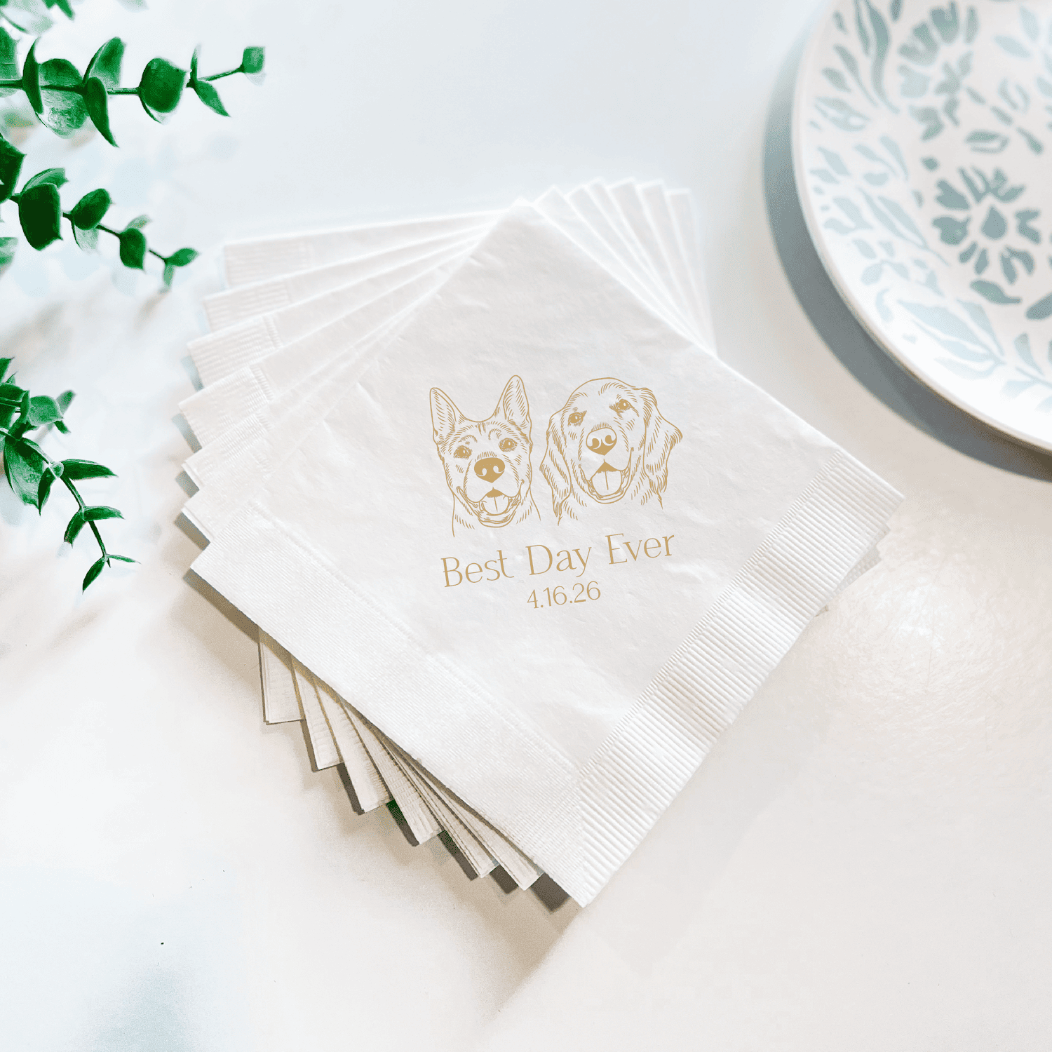 Best Day Ever Illustrated Pet Wedding Napkins - Napkins - Foil Stamped - Dog