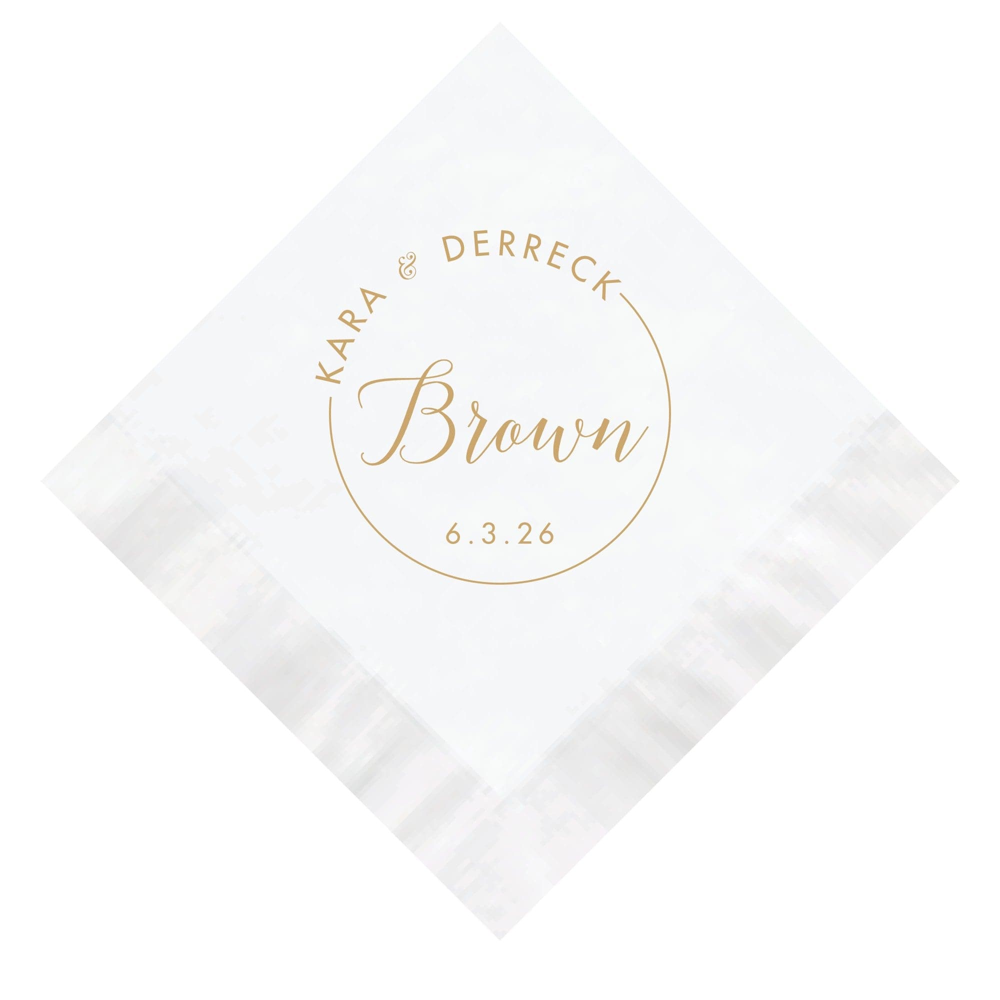 A white disposable wedding napkin featuring a custom gold foil design with a circular border and elegant script typography for a personalized touch.