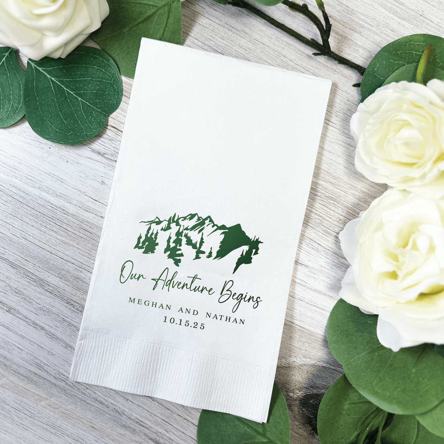 Our Adventure Begins Wedding Napkins - Mountains - Napkins - Foil Stamped