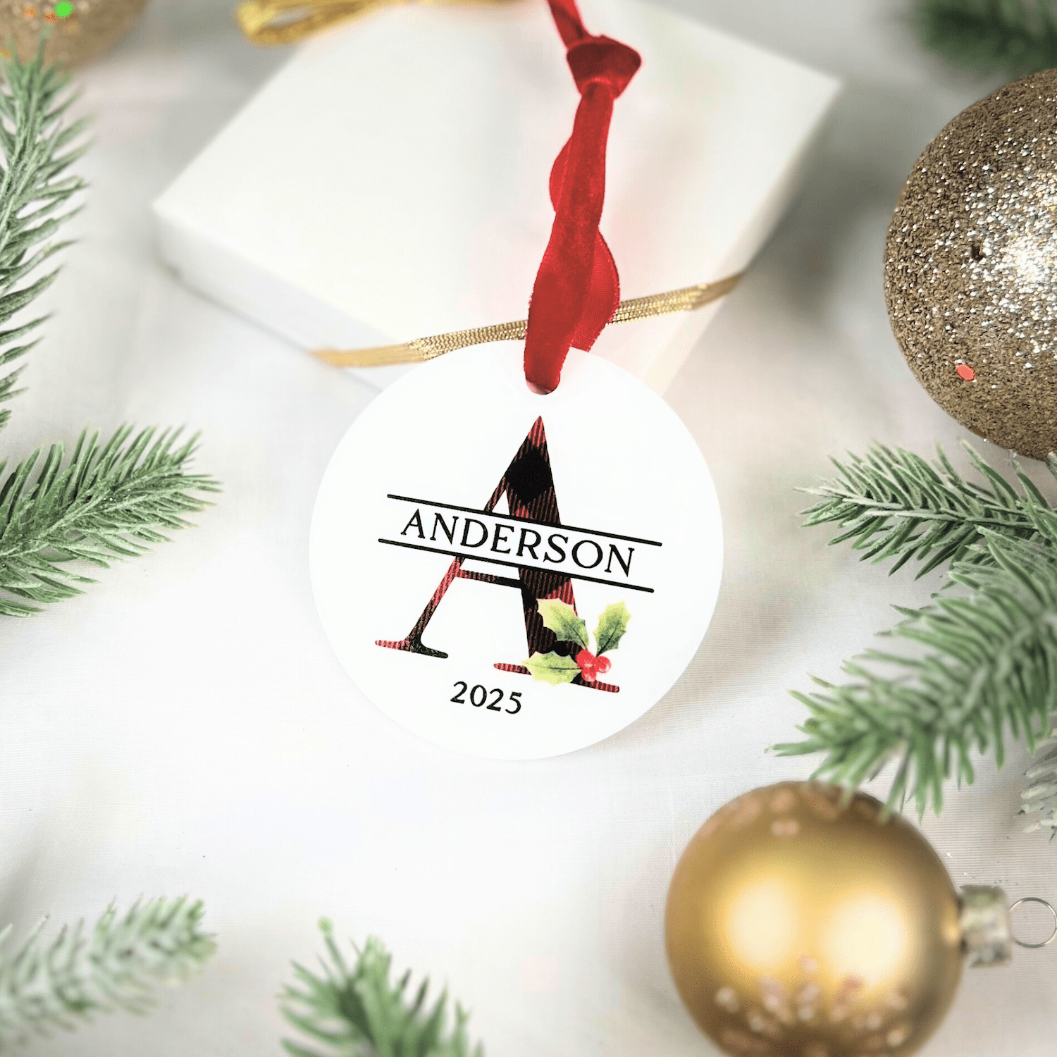 Buffalo Plaid Monogram Family Ornament - White