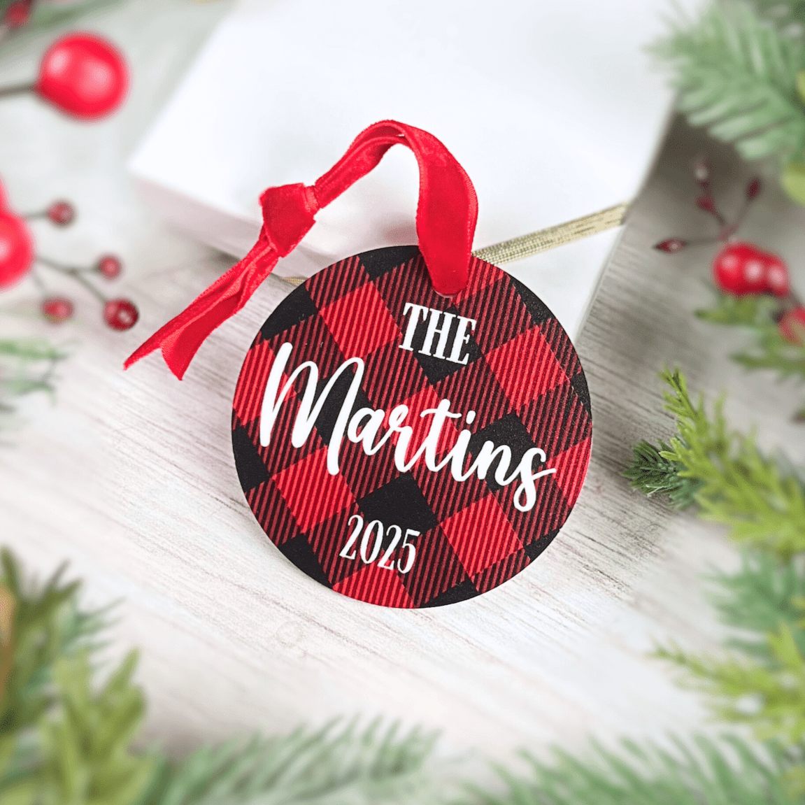 Buffalo Plaid Family Name Ornament