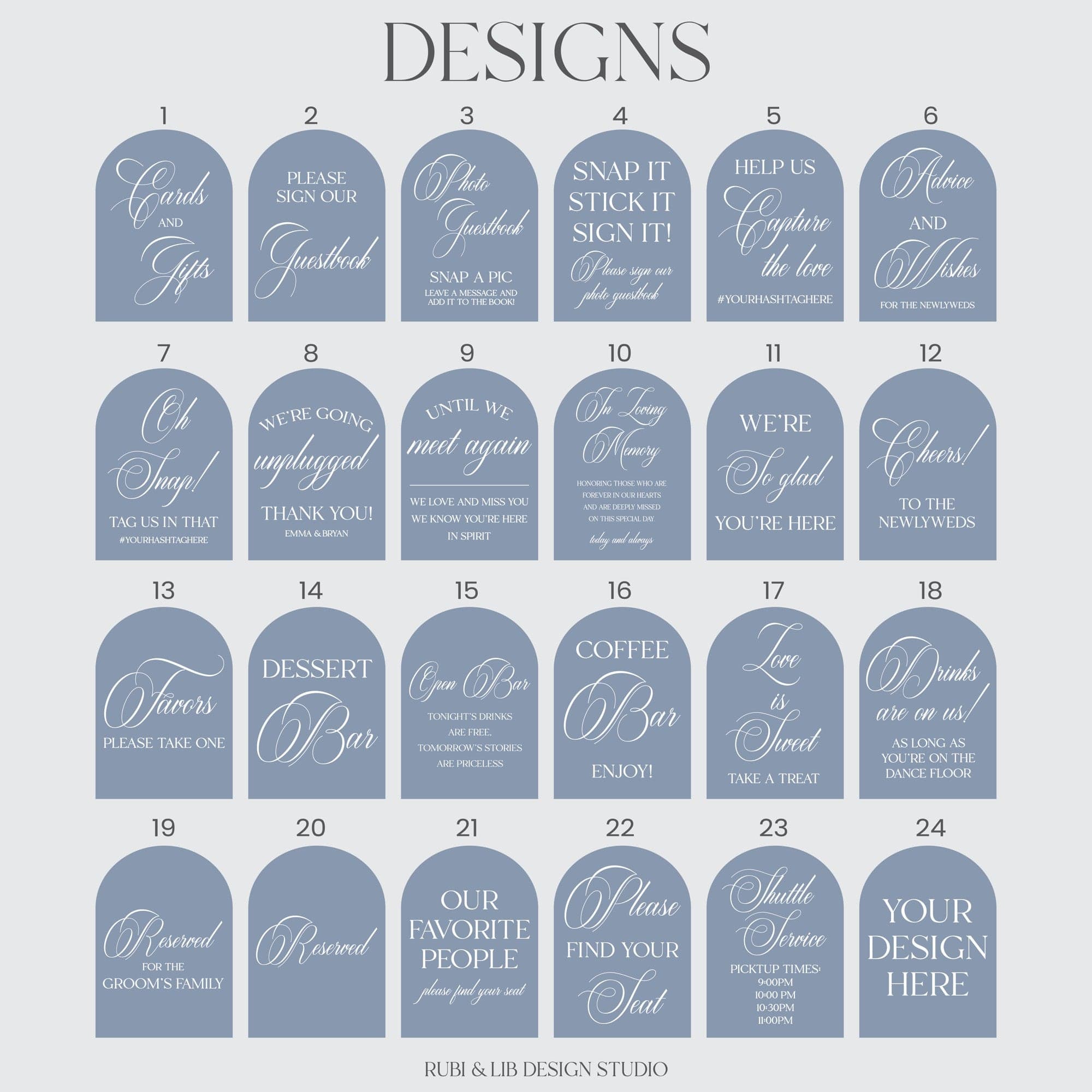 A collection of 24 arched event sign designs in a dusty blue color with elegant white lettering, offering various options for wedding and special occasion decor.