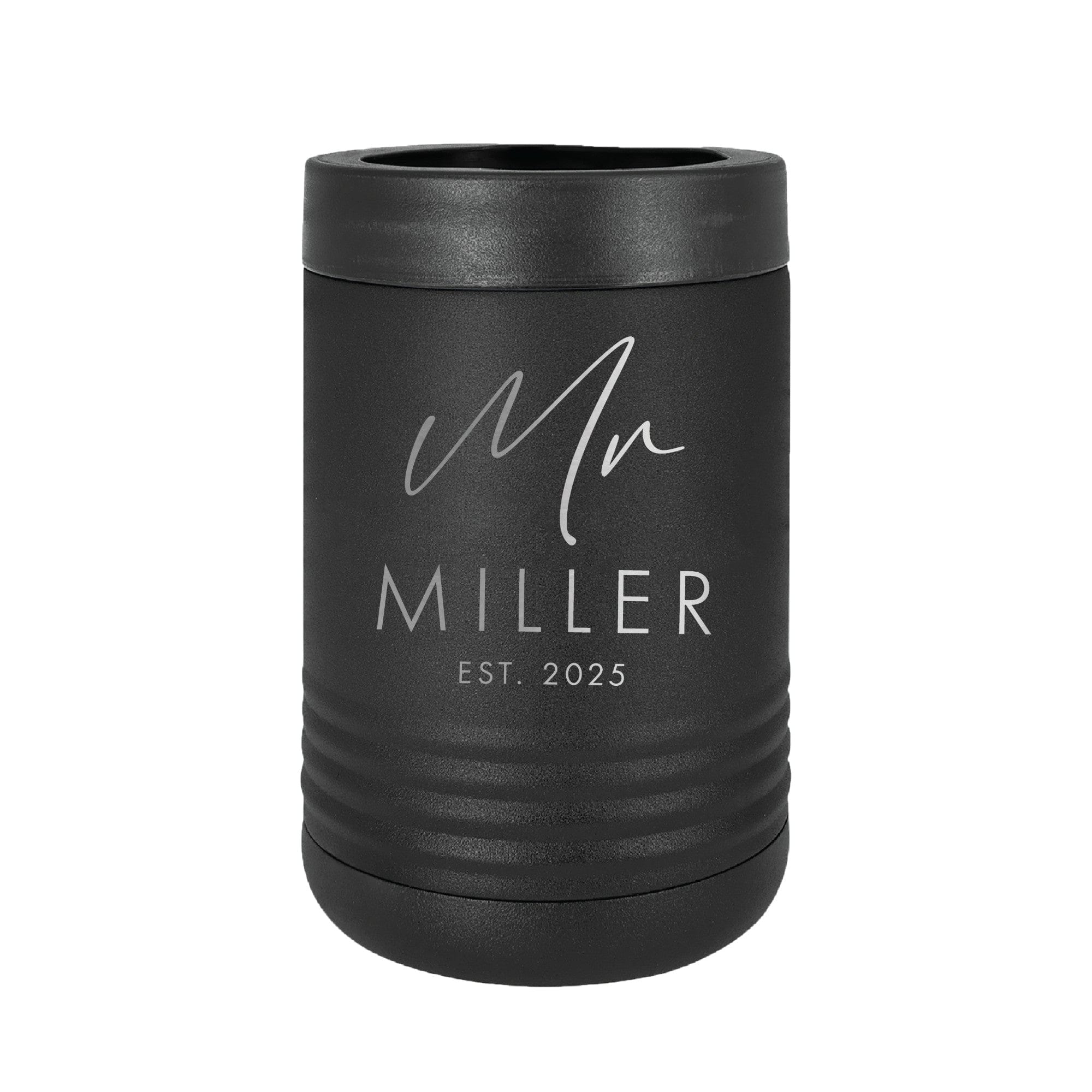 A matte black insulated beverage holder features a silver engraved design, ideal for a wedding or groom's gift.