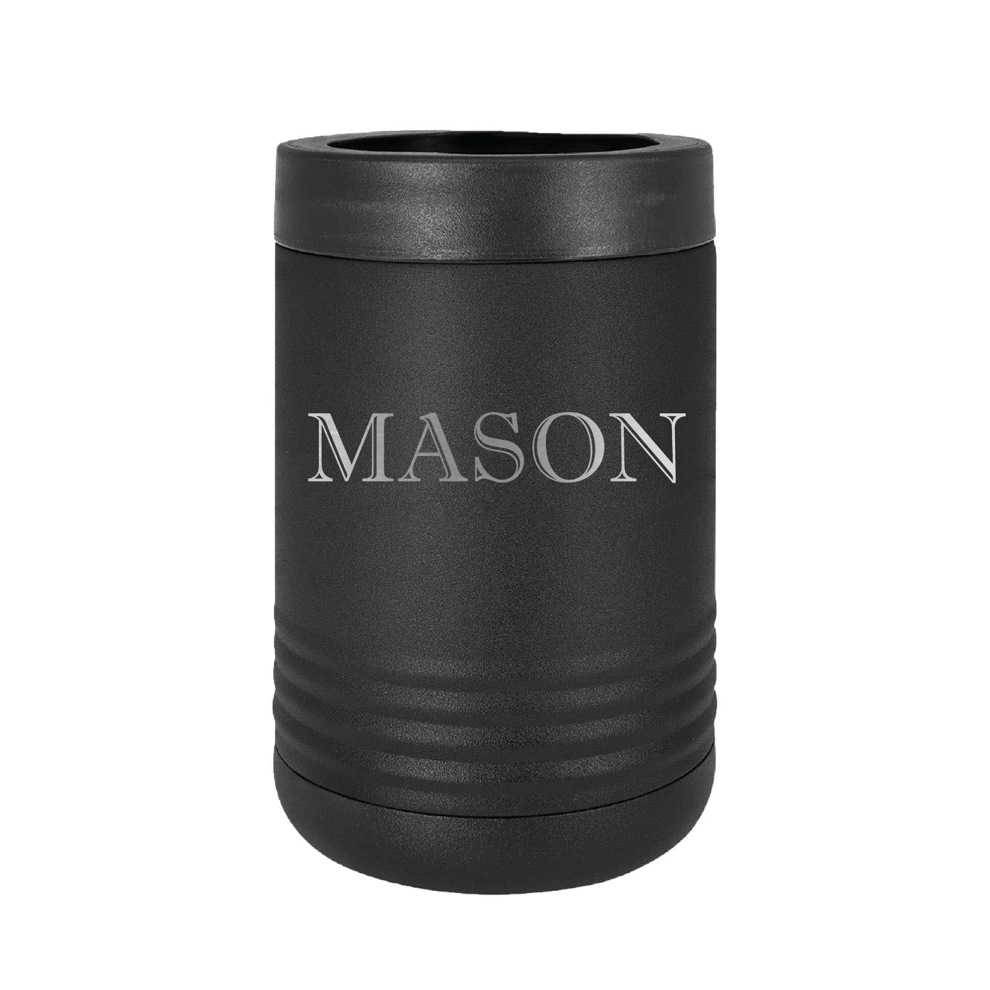 A matte black, textured, insulated metal can cooler, featuring a thick rim and horizontal ridges near the base, designed to keep beverages cold for various events.
