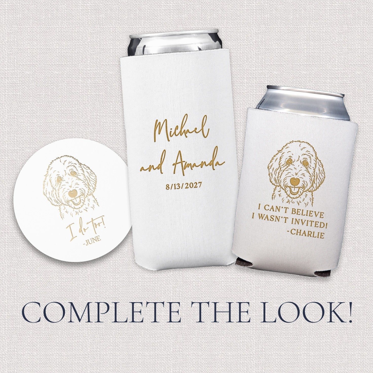 Three white wedding favors, including two can coolers and one round coaster, all featuring a metallic gold foil dog illustration print, for personalized event decor.