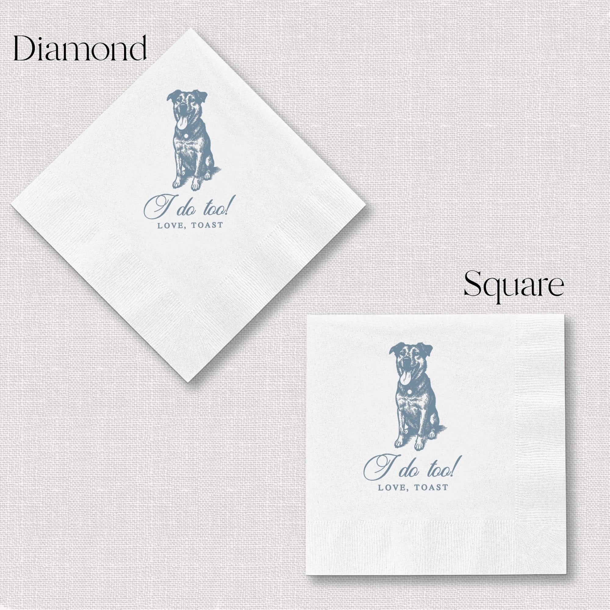 This white paper cocktail napkin features a blue-grey dog illustration, available in both diamond and square folds, perfect for wedding or engagement celebrations.