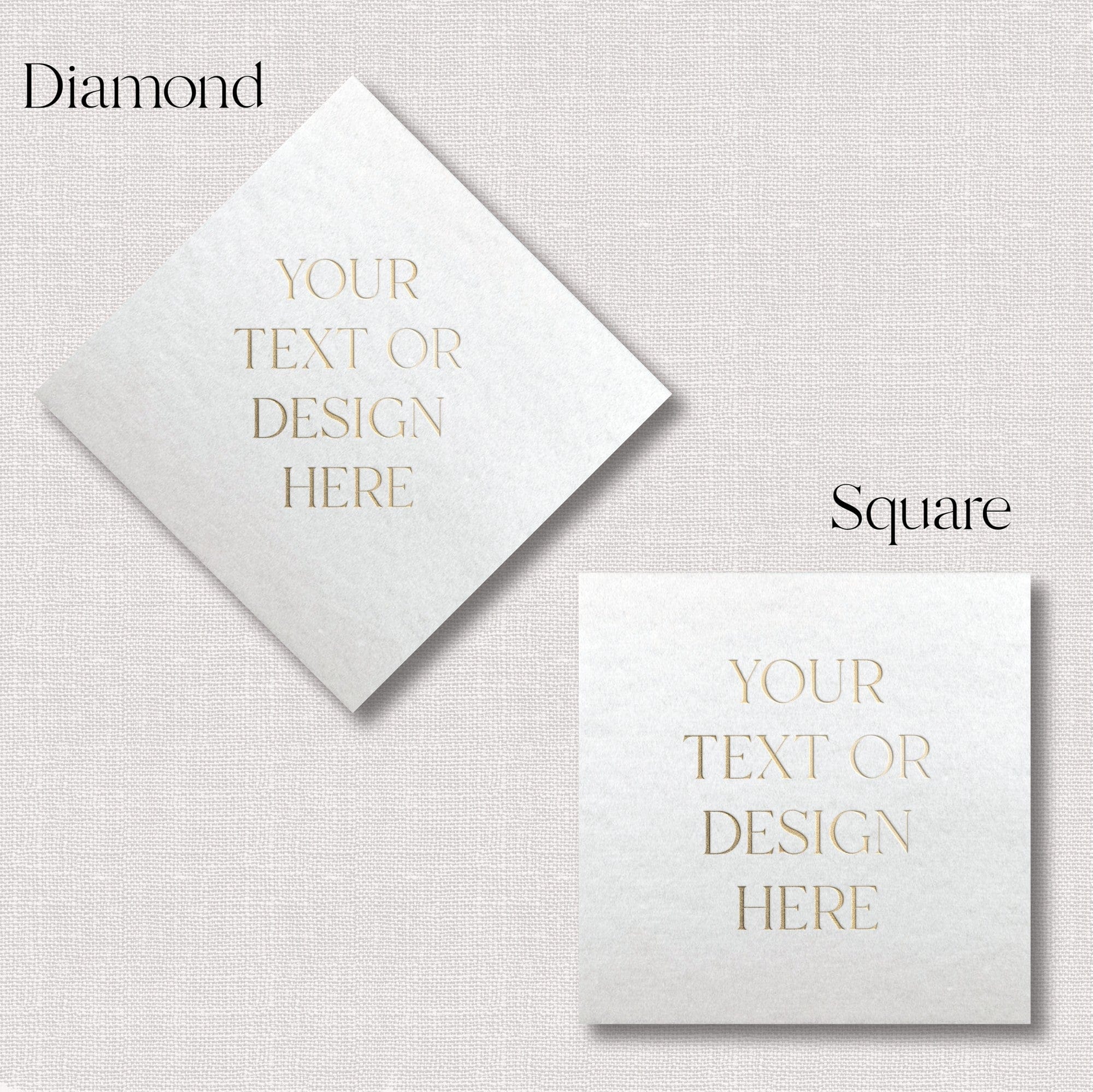 Two customizable white cardstock pieces, one diamond-shaped and one square-shaped, display placeholder gold text for personalized wedding or event decor.