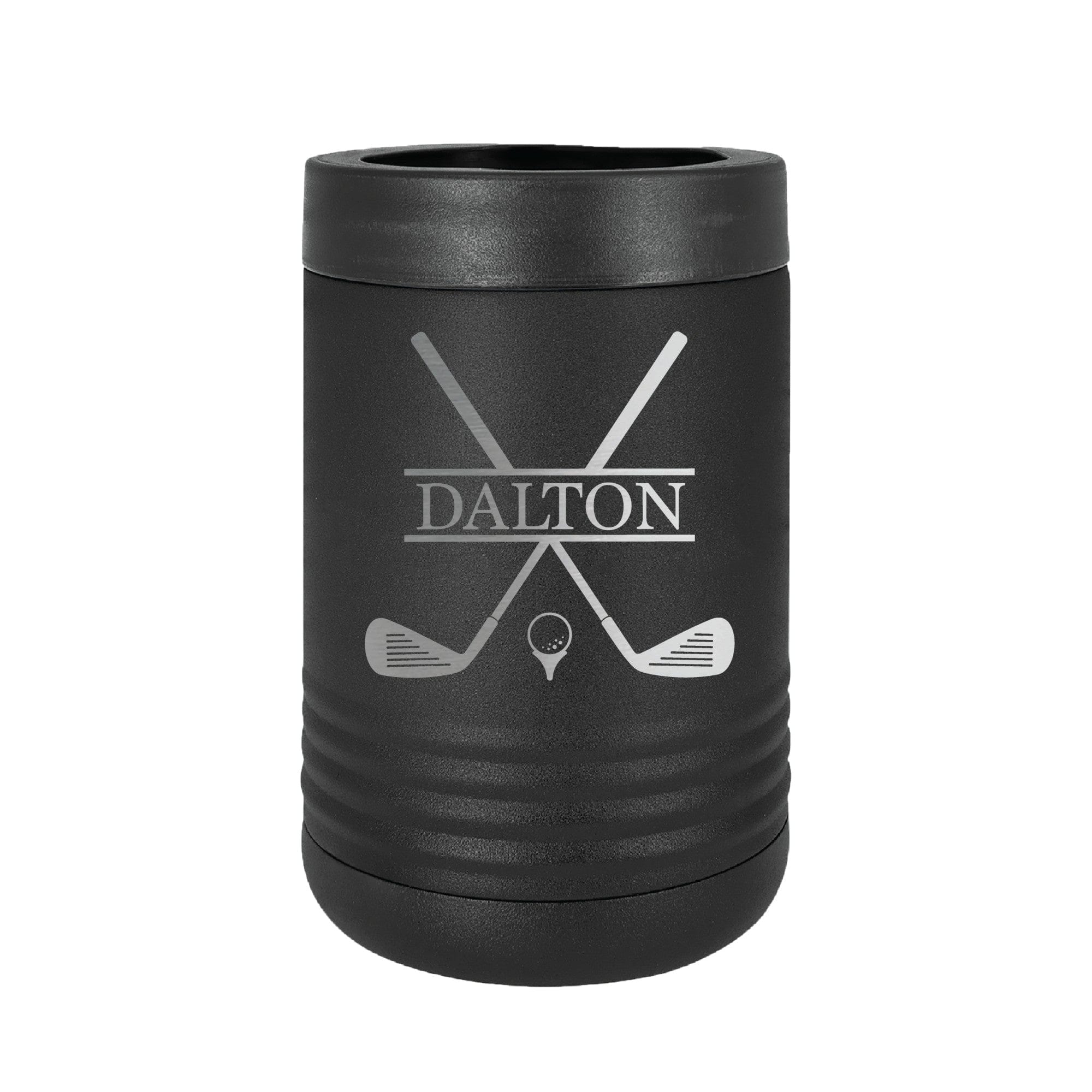 A black insulated can cooler featuring an engraved golf design with crossed clubs and a golf ball on a tee, revealing the silver metal beneath, perfect for keeping beverages cold.