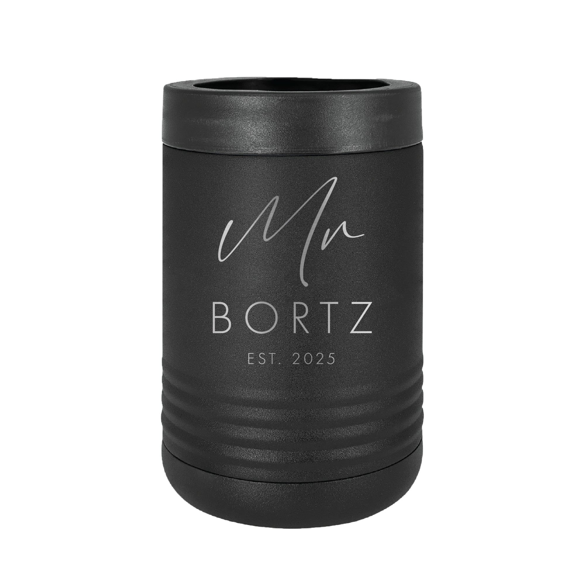 A matte black insulated metal can cooler with a textured base, featuring a silver-colored personalized design, ideal for keeping beverages cold at wedding events.