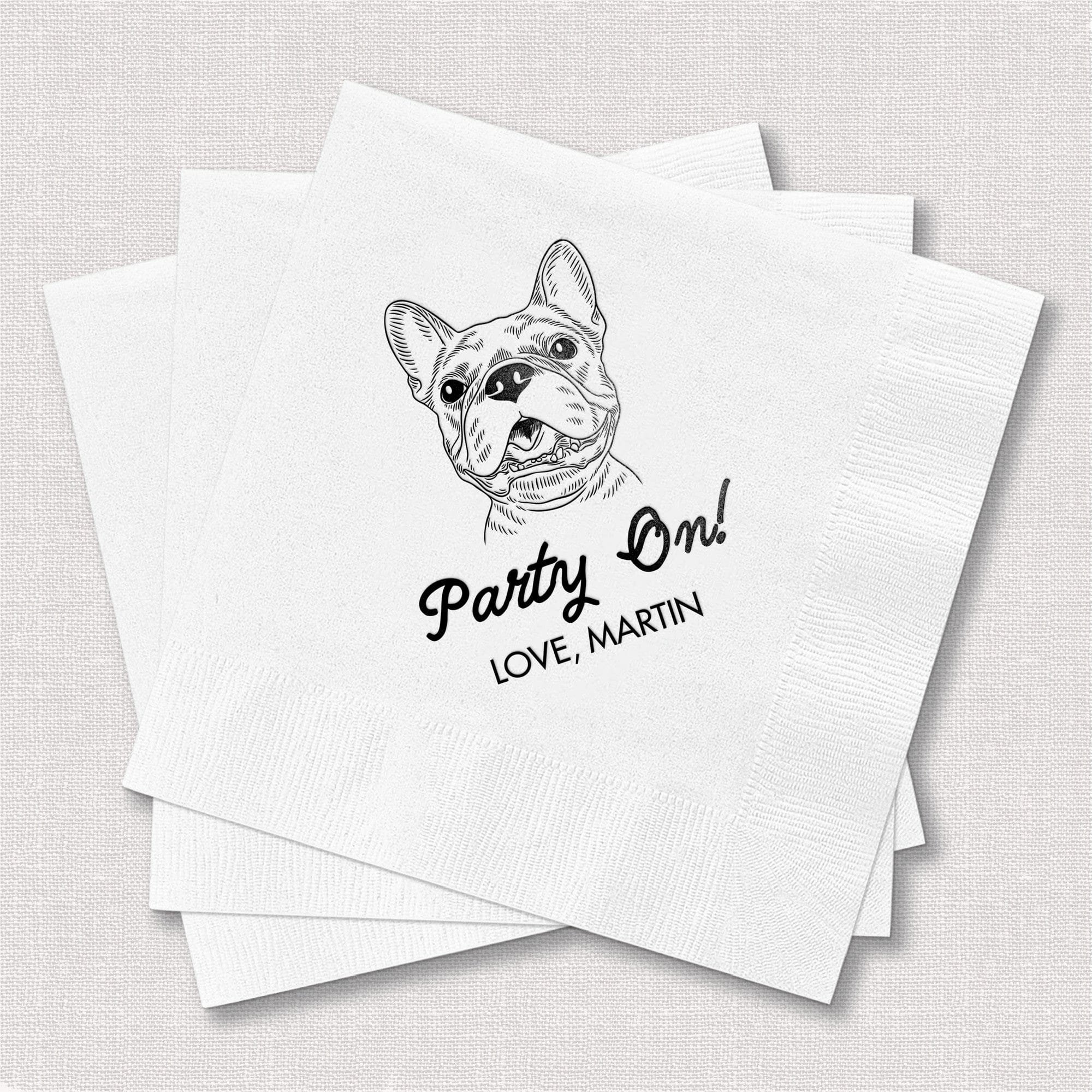 A stack of white textured disposable event napkins, featuring a black line-art illustration of a French Bulldog and custom celebratory text.