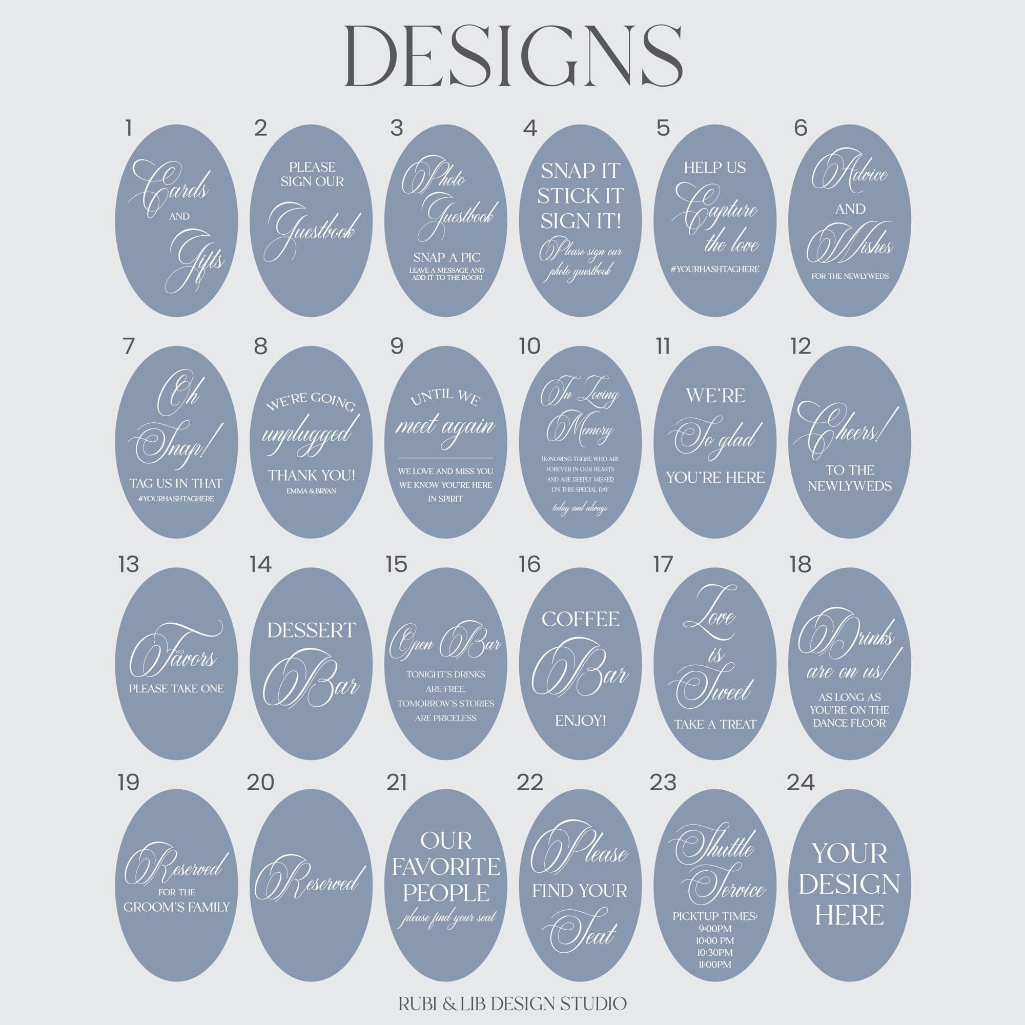A collection of 24 oval-shaped event signs featuring white script and serif typography on a periwinkle blue background, offering various design options for wedding and special event decor.