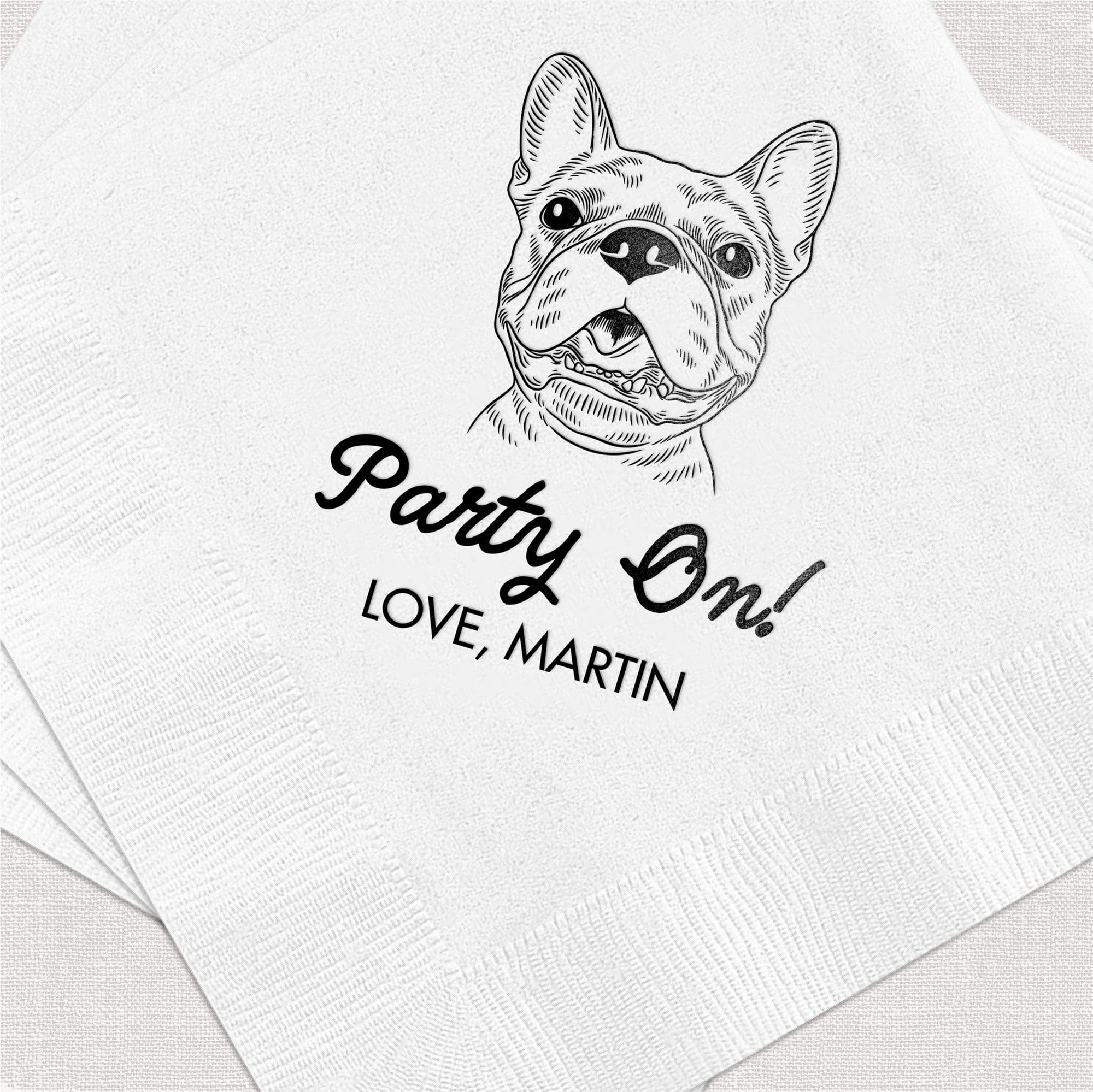 White paper napkins featuring a custom black line-art illustration of a French Bulldog and personalized text, perfect for enhancing any special event or party decor.