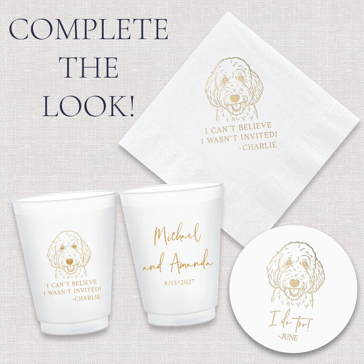 A personalized wedding and event decor set featuring white paper napkins, frosted plastic cups, and round coasters, all adorned with a custom gold foil doodle dog design for cohesive party styling.