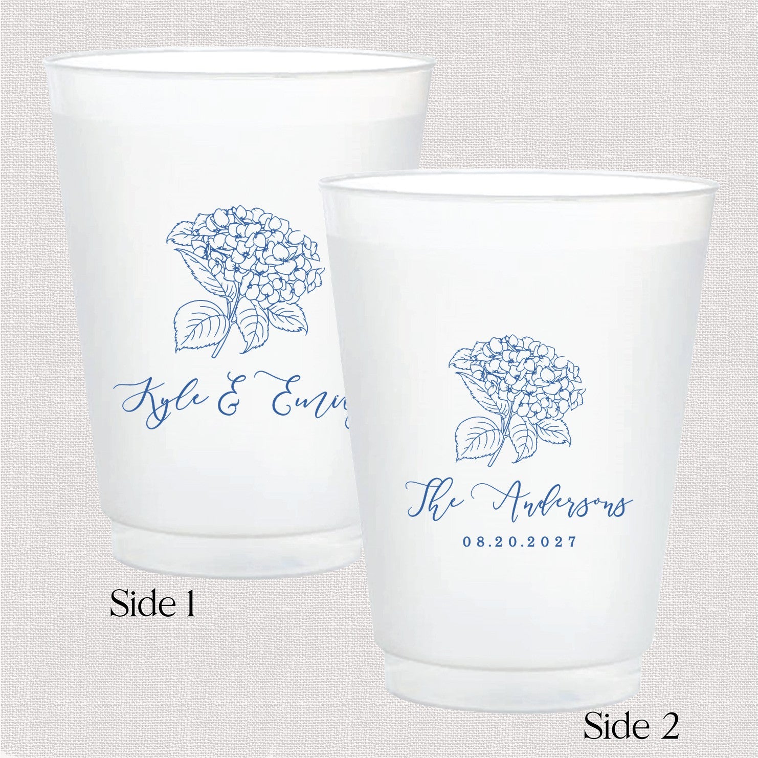 Two frosted white shatterproof plastic cups are displayed, each adorned with a blue line art hydrangea flower design, perfect for personalized wedding or event decor.