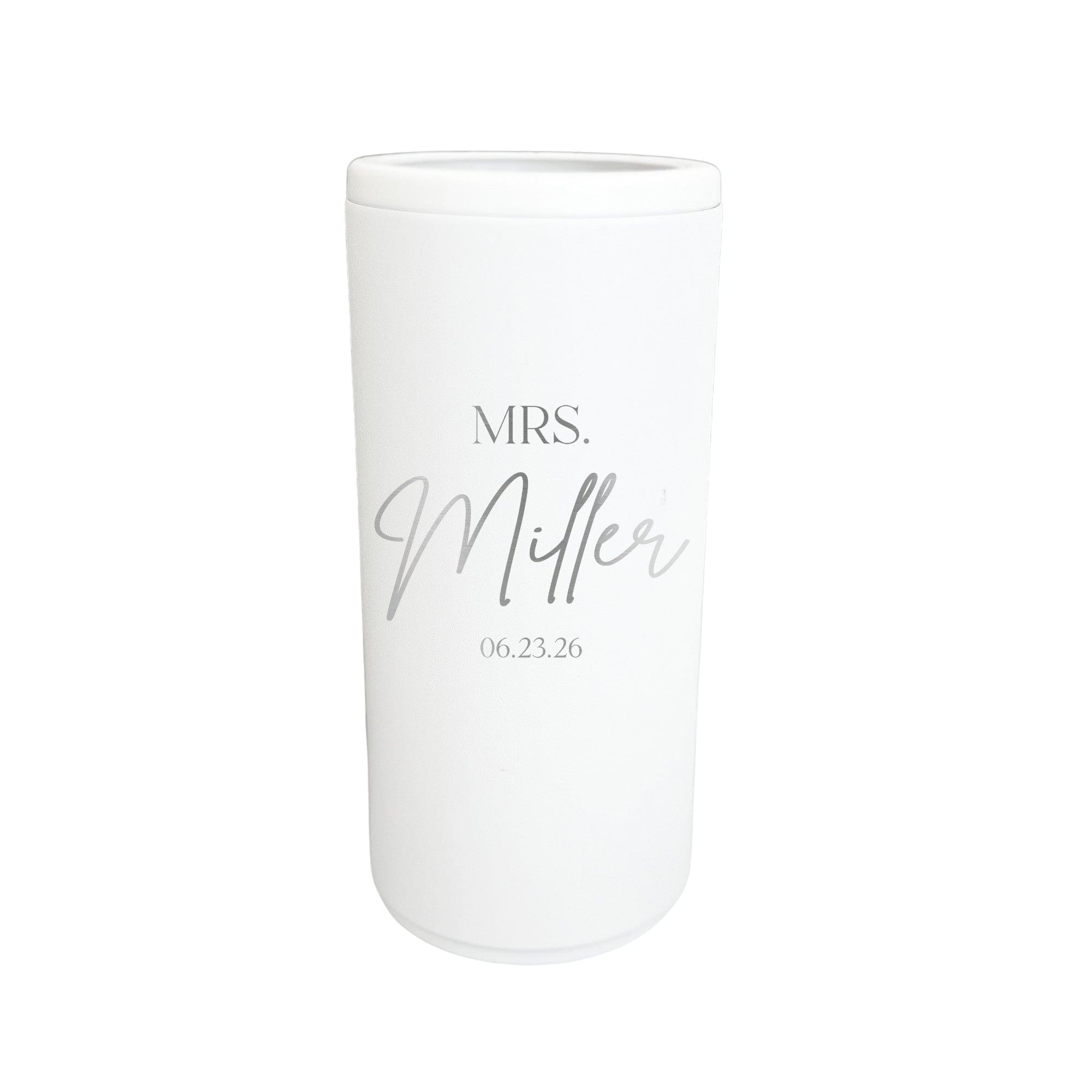 A white personalized insulated skinny tumbler with elegant silver text, perfect for keeping drinks cool at a bridal event.