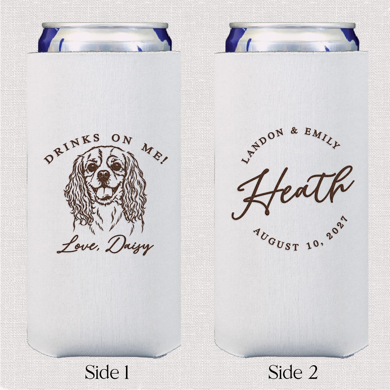 A white fabric slim can koozie featuring custom brown print, designed to insulate beverages for guests at a wedding or special event.