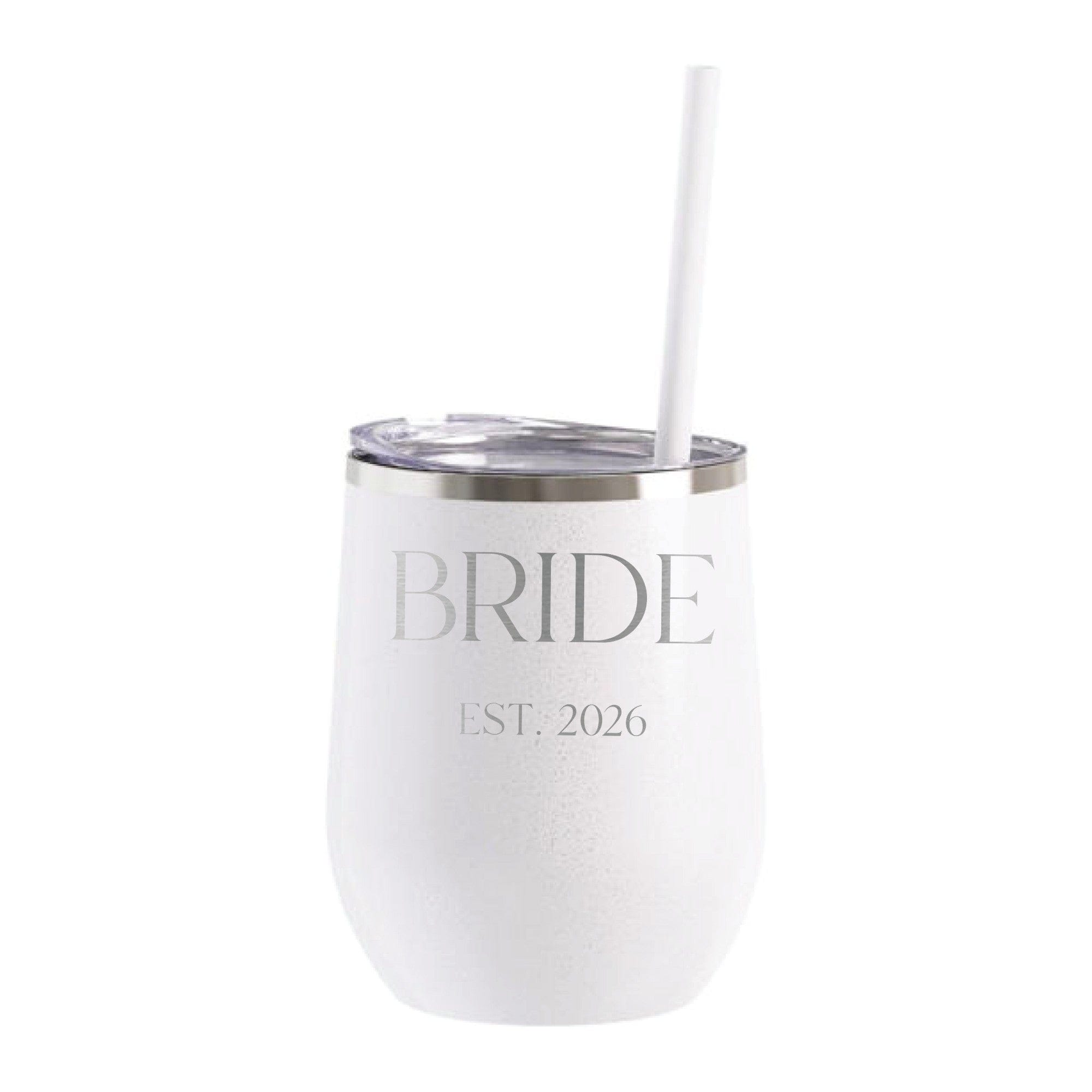 A white glittery stemless stainless steel tumbler with a clear plastic lid and a white straw, suitable for a wedding or bridal shower.
