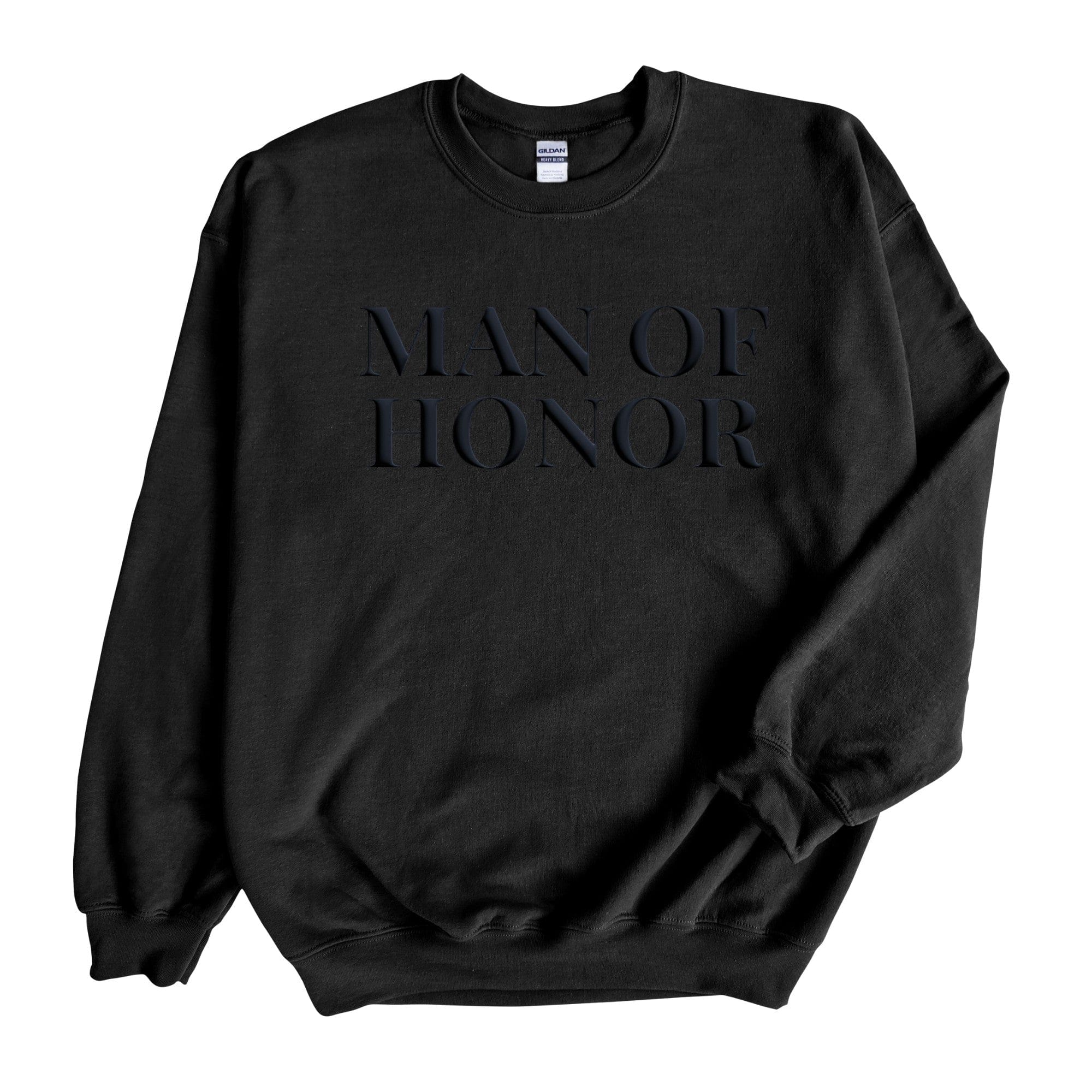 A comfortable black crewneck sweatshirt features a subtle dark, raised design on the chest, perfect for a wedding party member.