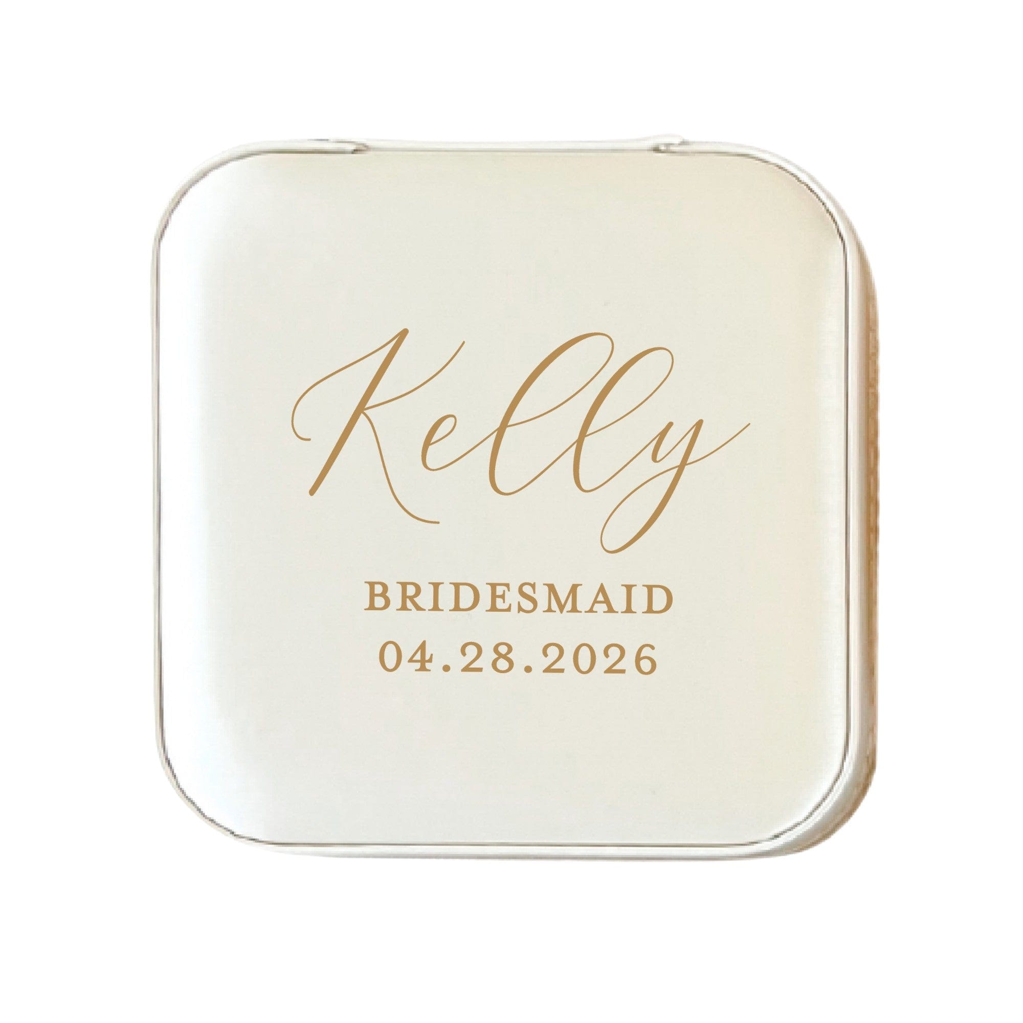 A cream-colored, square-shaped compact travel jewelry case with rounded corners, featuring personalized gold script lettering, ideal as a wedding party gift.