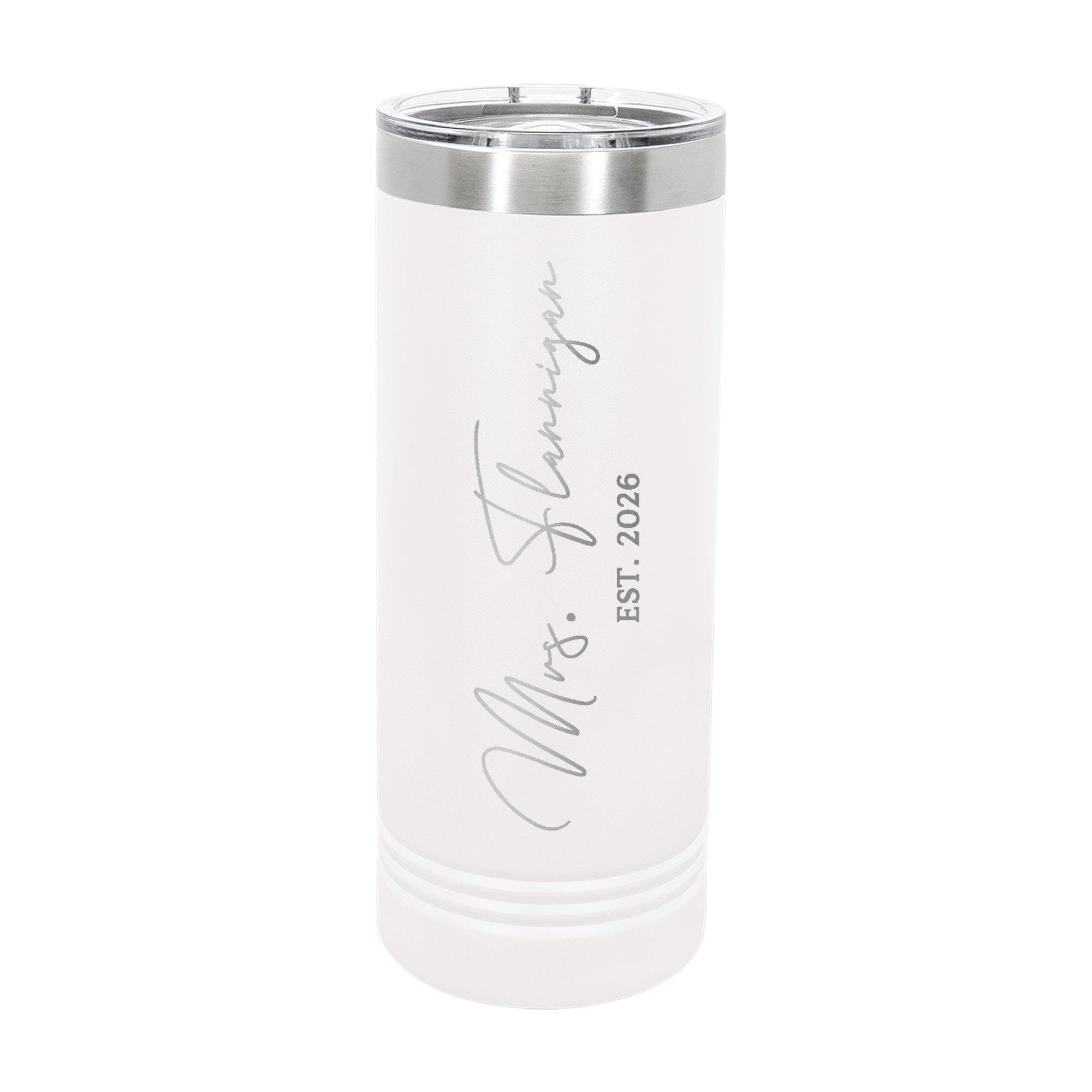 A personalized white slender stainless steel tumbler featuring a silver rim and a clear plastic lid, suitable for wedding or bridal events.